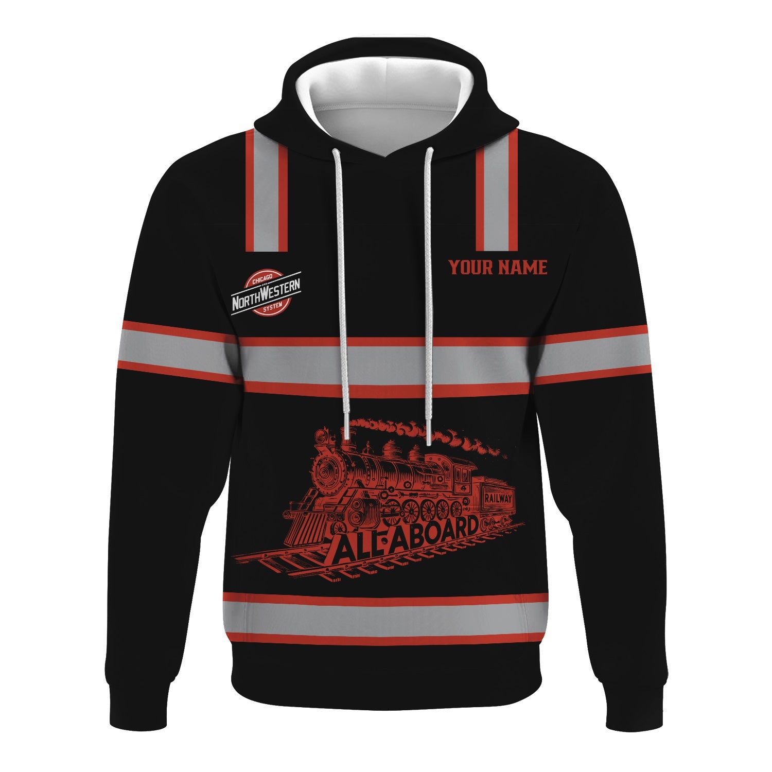 Railspirit Custom Name Chicago and North Western Railway Hoodie Eat Train Sleep Repeat Printed Train Zip Hoodie