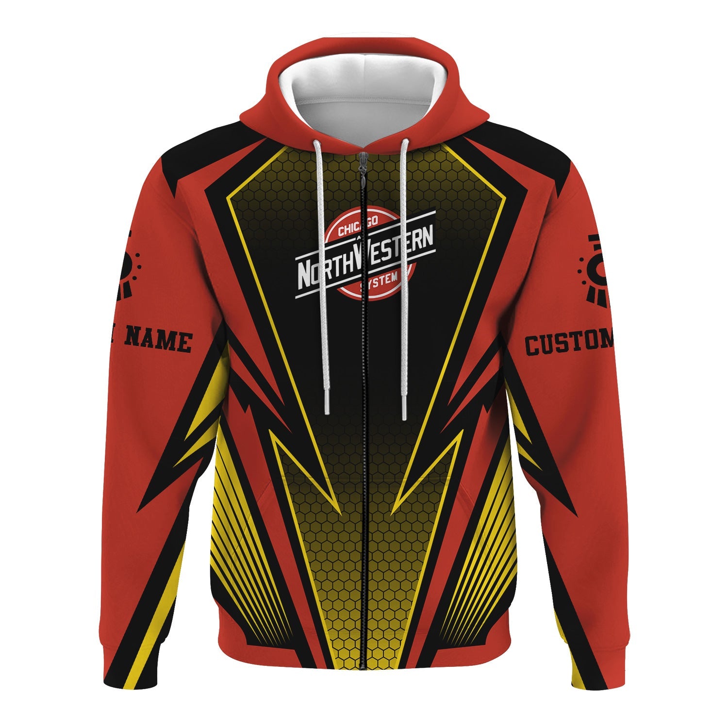 Railspirit Personalized Chicago and North Western Railway Hoodie Lightning Graphic Style Zip Up Hoodie Gift Idea For Train Lover