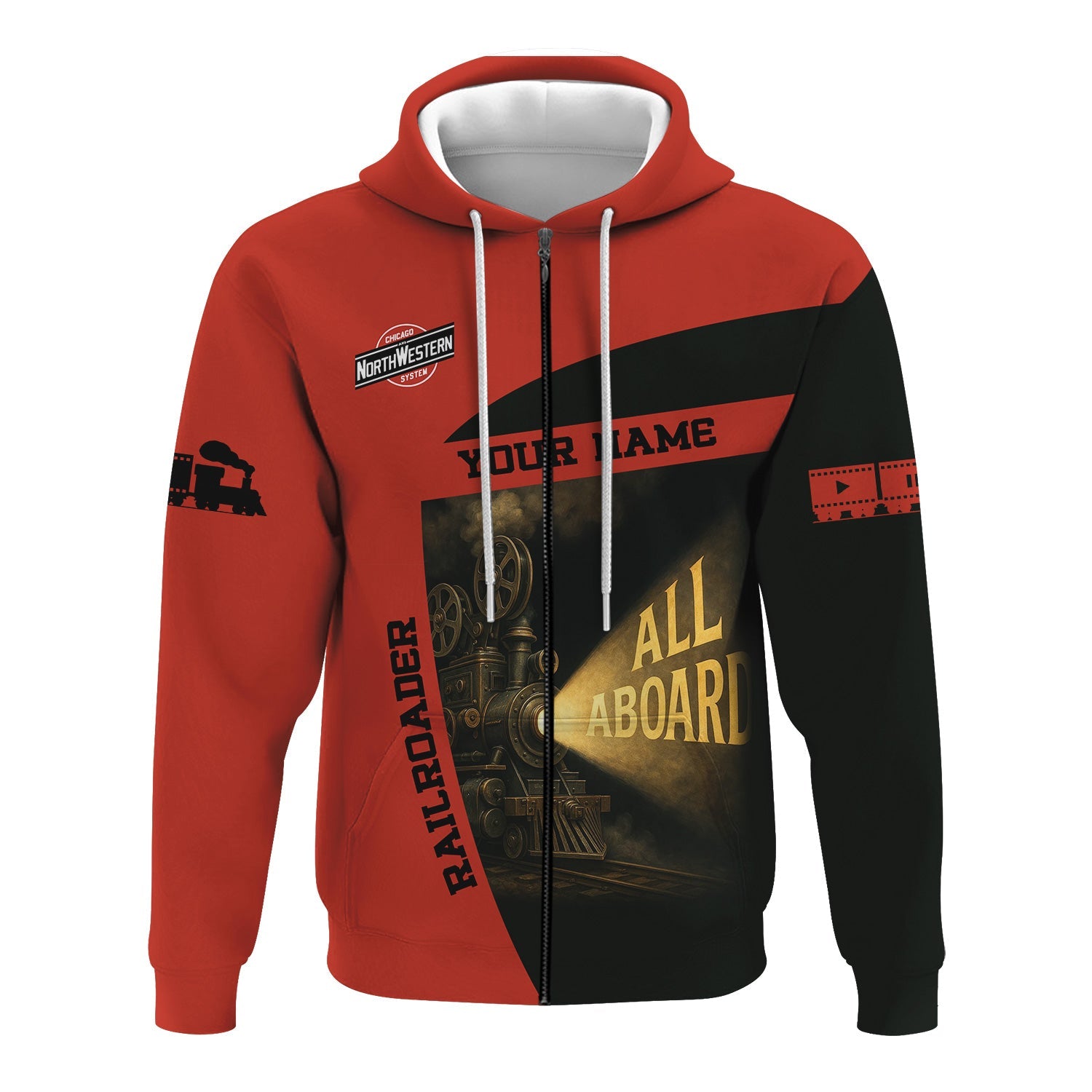 Railspirit Personalized Chicago and North Western Railway Hoodie All Aboard Steam Train Movie Projector Style Zip Up Hoodie