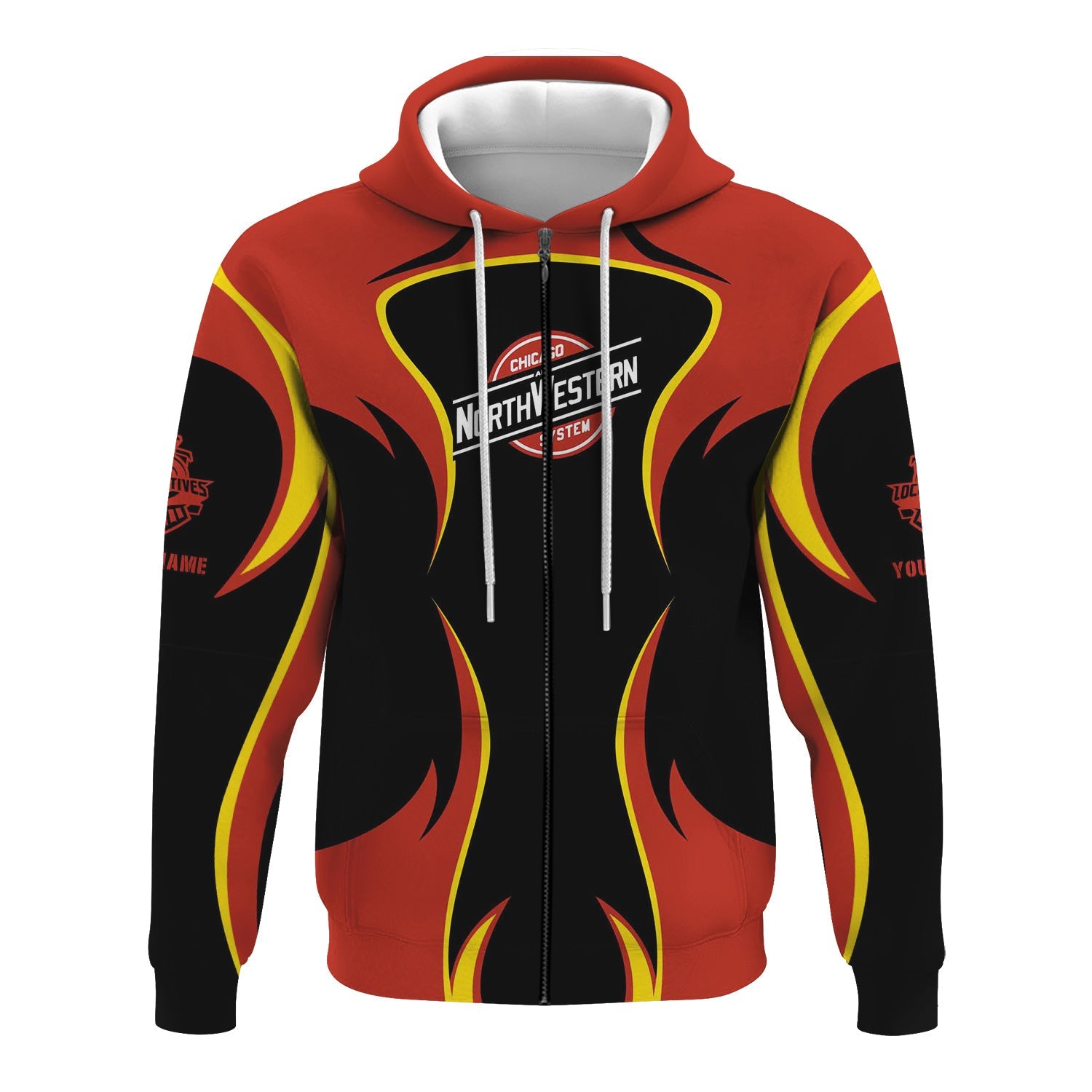 Railspirit Personalized Chicago and North Western Railway Hoodie Distinctive Flame Style Zip Up Hoodie For Steam Engine Addict