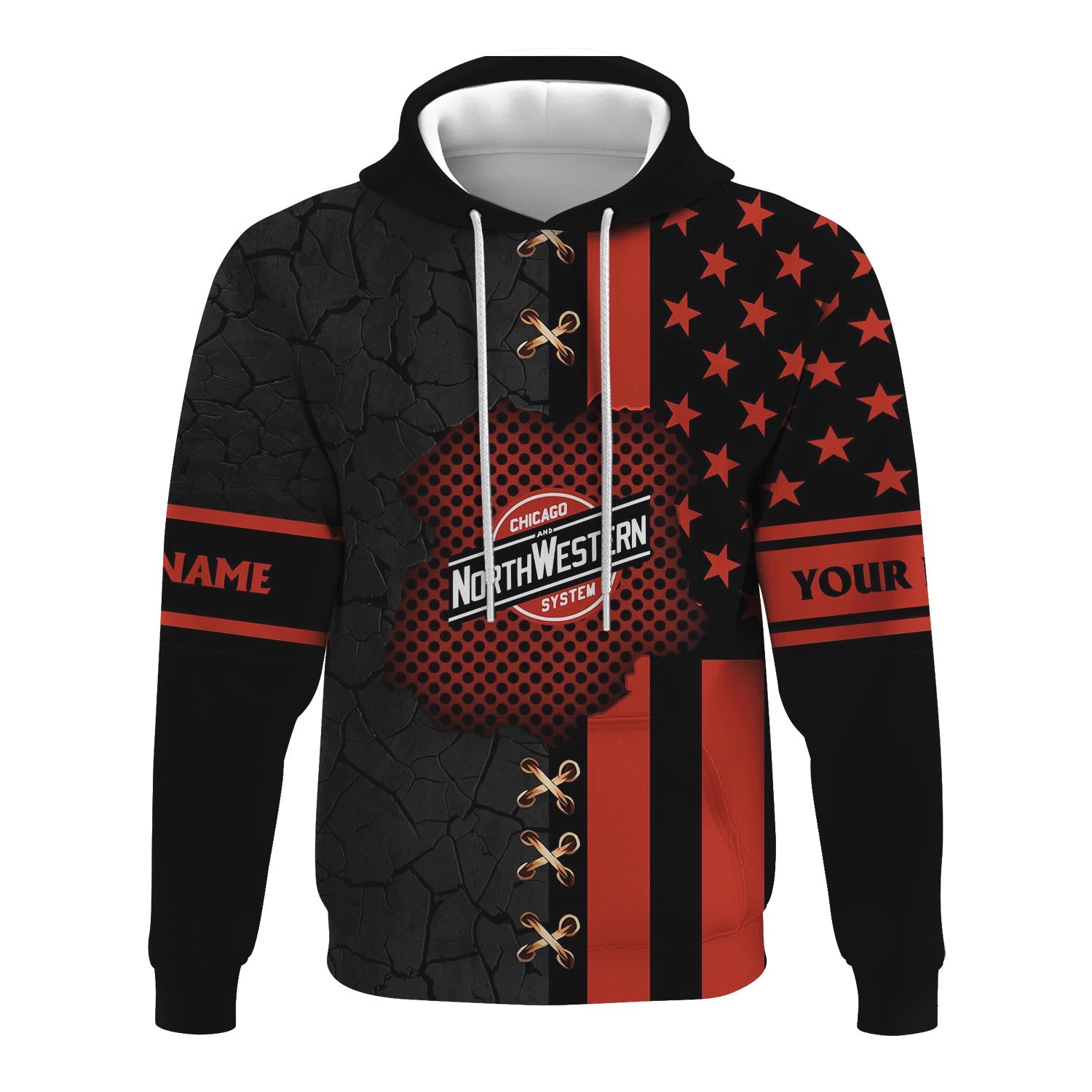 Railspirit Personalized Chicago and North Western Railway Hoodie American Flag with Crack Effect Train Zip Up Hoodie