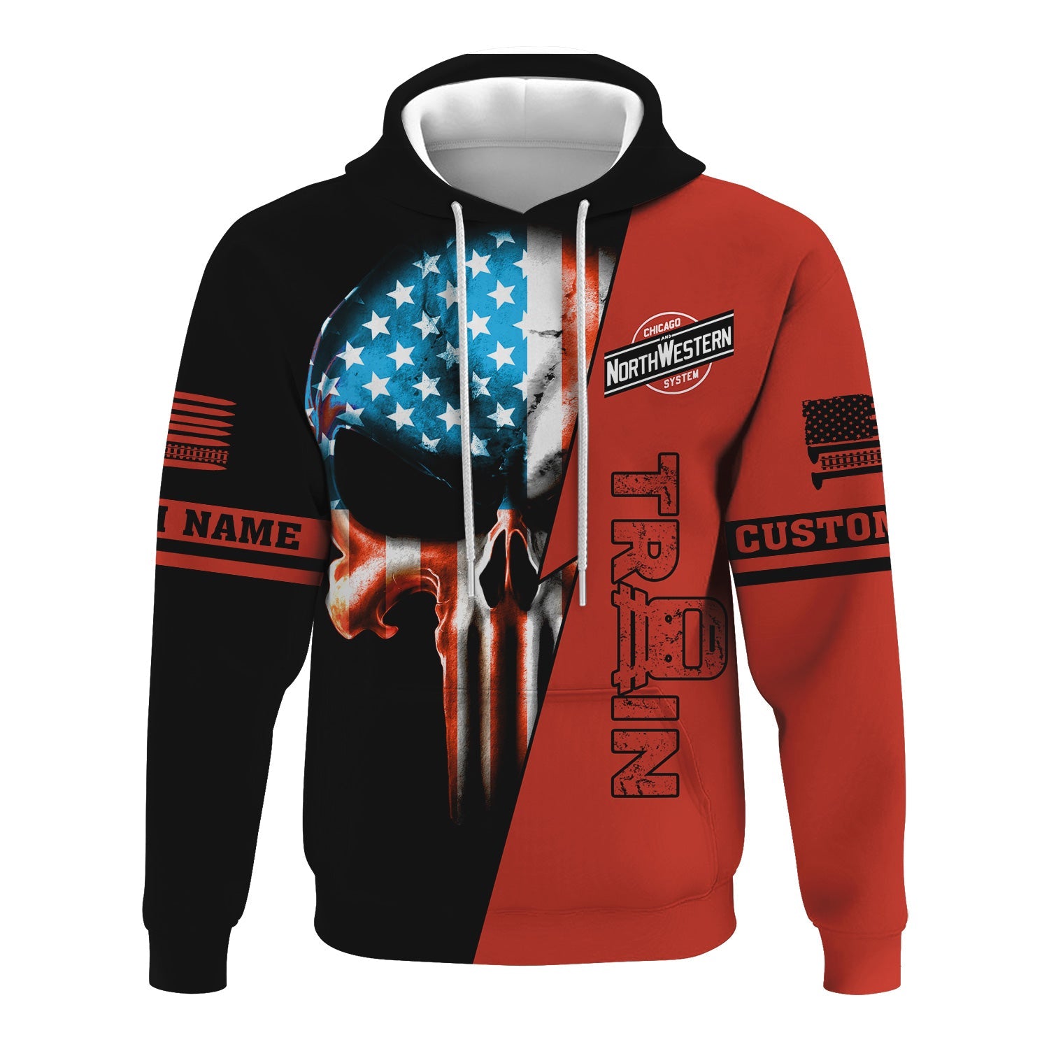 Railspirit Personalized Chicago and North Western Railway Hoodie Train Skull American Flag Zip Up Hoodie All Over Print