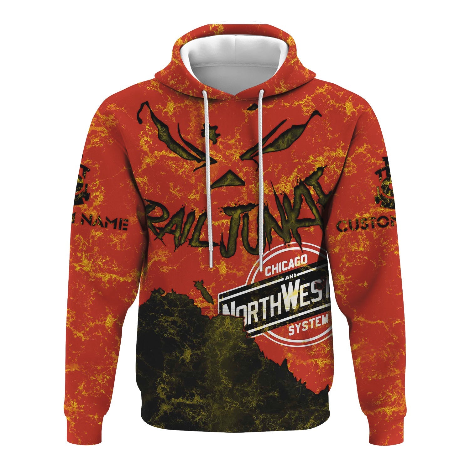 Railspirit Personalized Chicago and North Western Railway Hoodie Torn Graphic Style Train Zip Up Hoodie For Rail Junkie