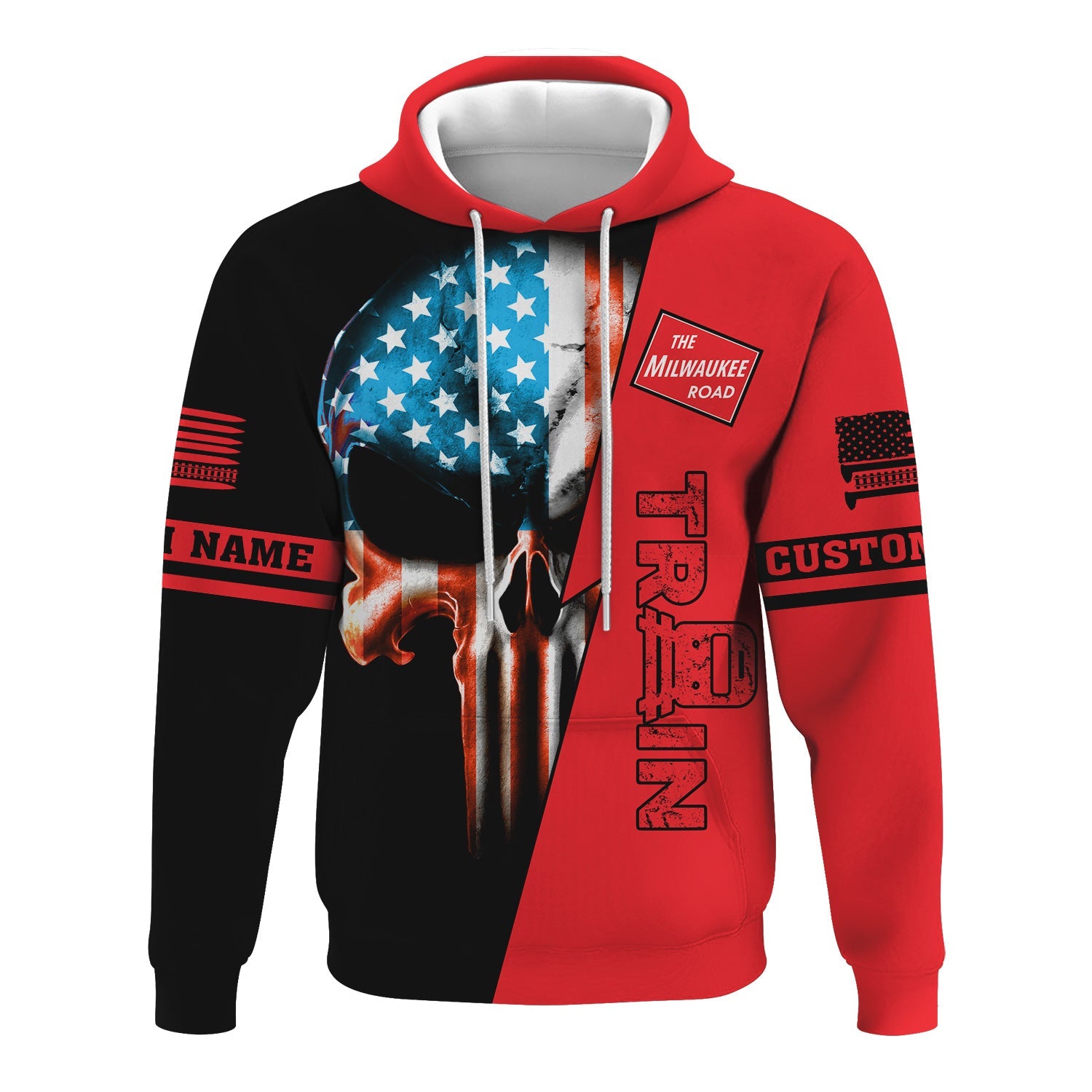 Railspirit Personalized Chicago, Milwaukee, St.Paul and Pacific Railroad Hoodie Train Skull American Flag Milwaukee Road Zip Up Hoodie All Over Print