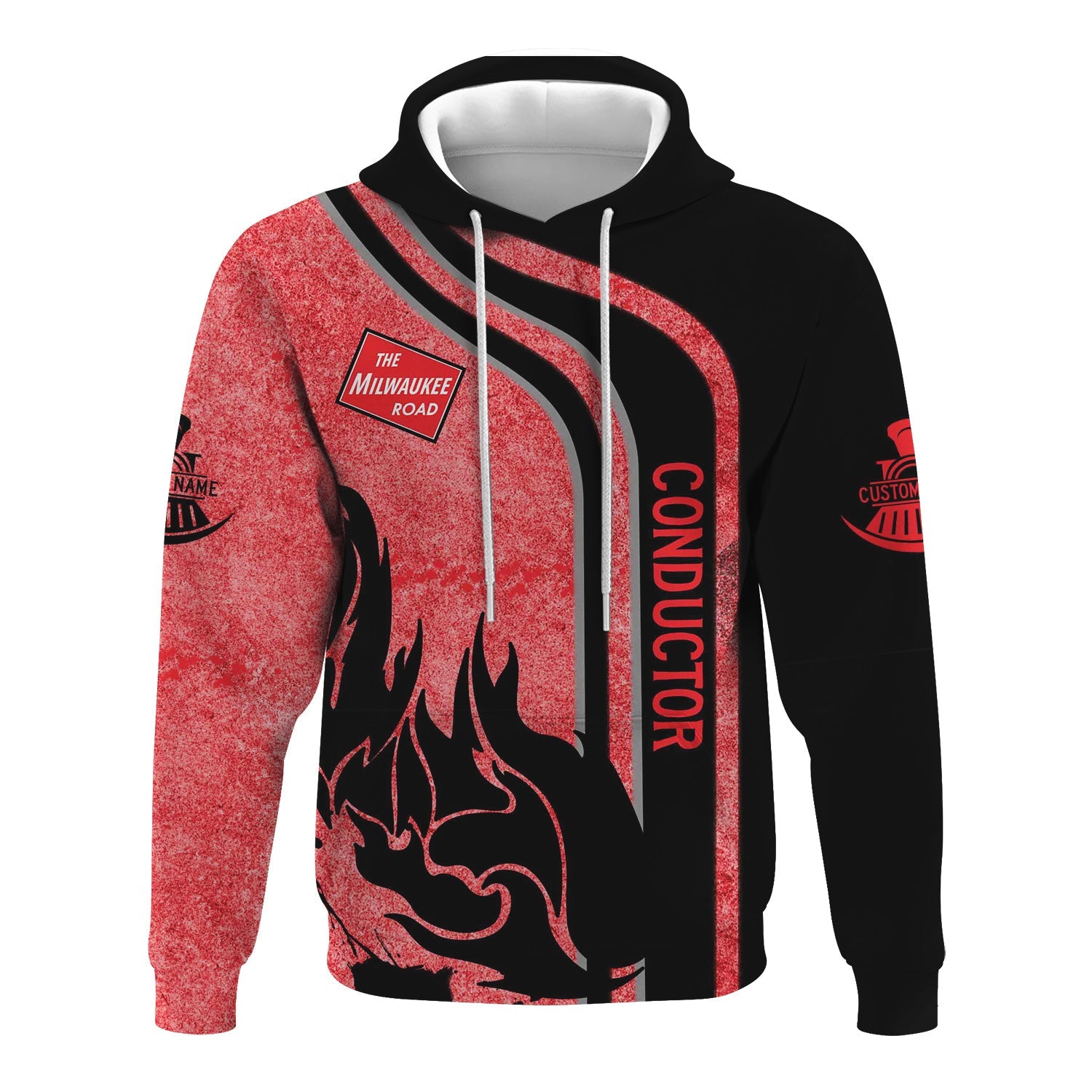 Railspirit Personalized Chicago, Milwaukee, St. Paul and Pacific Railroad Hoodie Flame Design Custom Job Position Milwaukee Road Train Zip Up Hoodie