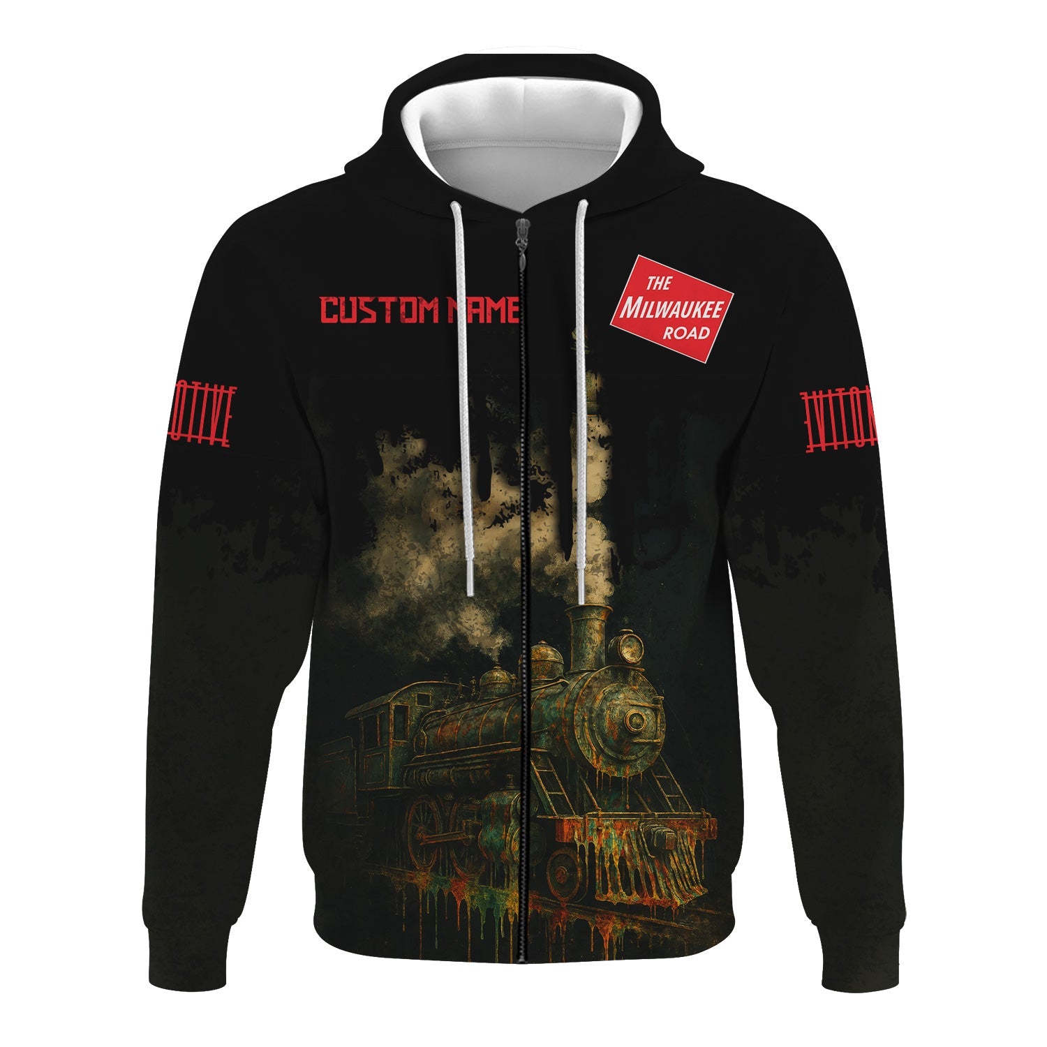 Railspirit Personalized Chicago, Milwaukee, St. Paul and Pacific Railroad Hoodie Vintage Train Art Style Milwaukee Road Zip Up Hoodie
