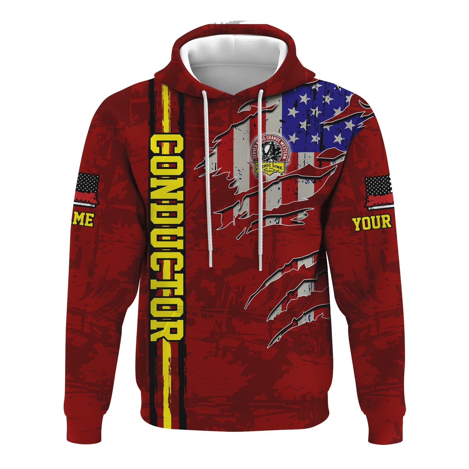 Railspirit Personalized Denver and Rio Grande Western Railroad Hoodie USA Flag Claw Art with Custom Job Train Zip Up Hoodie