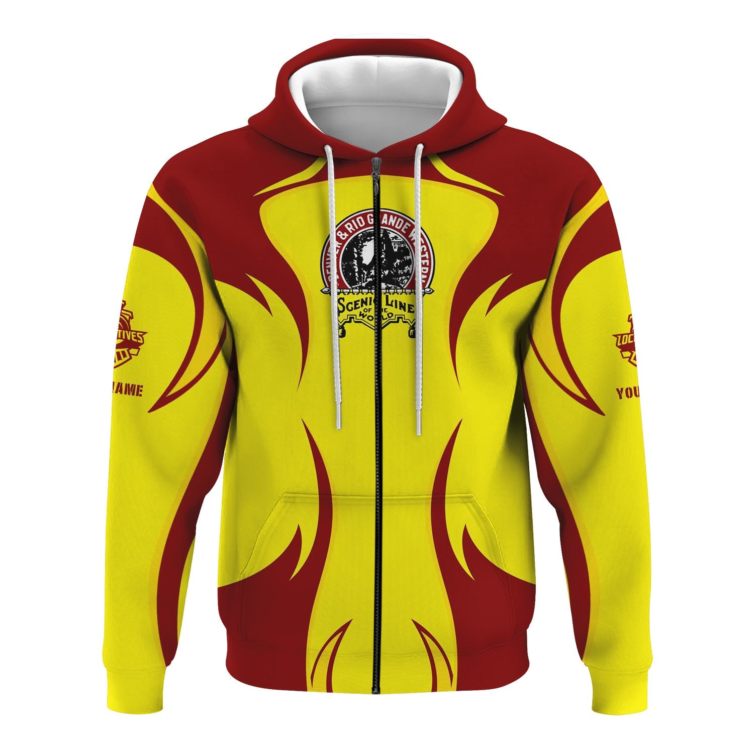 Railspirit Personalized Denver and Rio Grande Western Railroad Hoodie Distinctive Flame Style Zip Up Hoodie For Steam Engine Addict