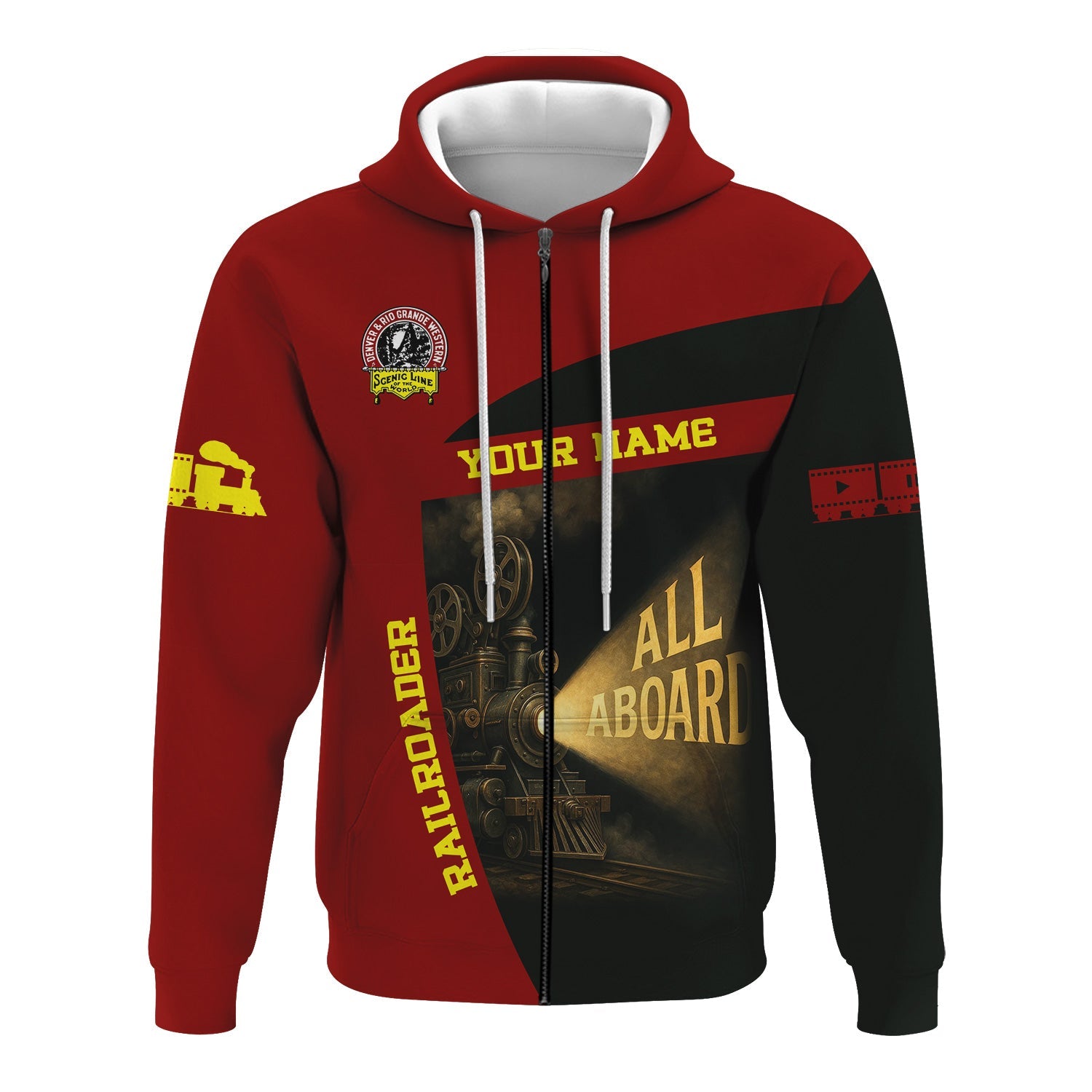 Railspirit Personalized Denver and Rio Grande Western Railroad Hoodie All Aboard Steam Train Movie Projector Style Zip Up Hoodie