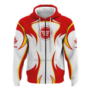 Railspirit Personalized Missouri Pacific Railroad Hoodie Distinctive Flame Style Zip Up Hoodie For Steam Engine Addict