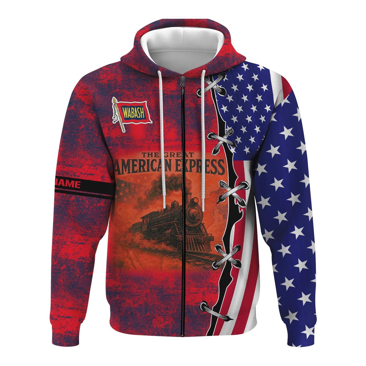 Railspirit Personalized Wabash Railroad Hoodie Retro American Express Train With USA Flag Zip Up Hoodie
