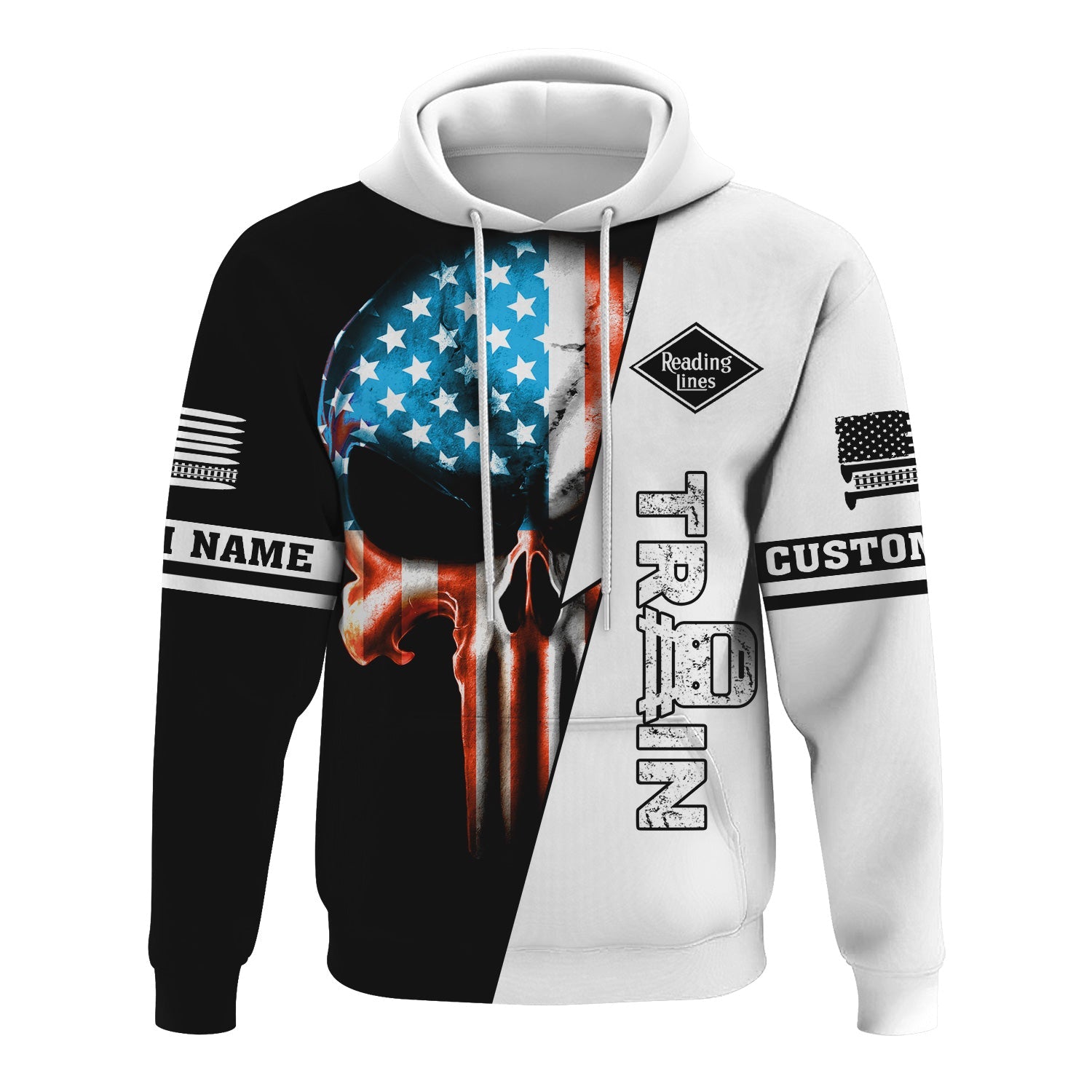 Railspirit Personalized Reading Railroad Hoodie Train Skull American Flag Zip Up Hoodie All Over Print
