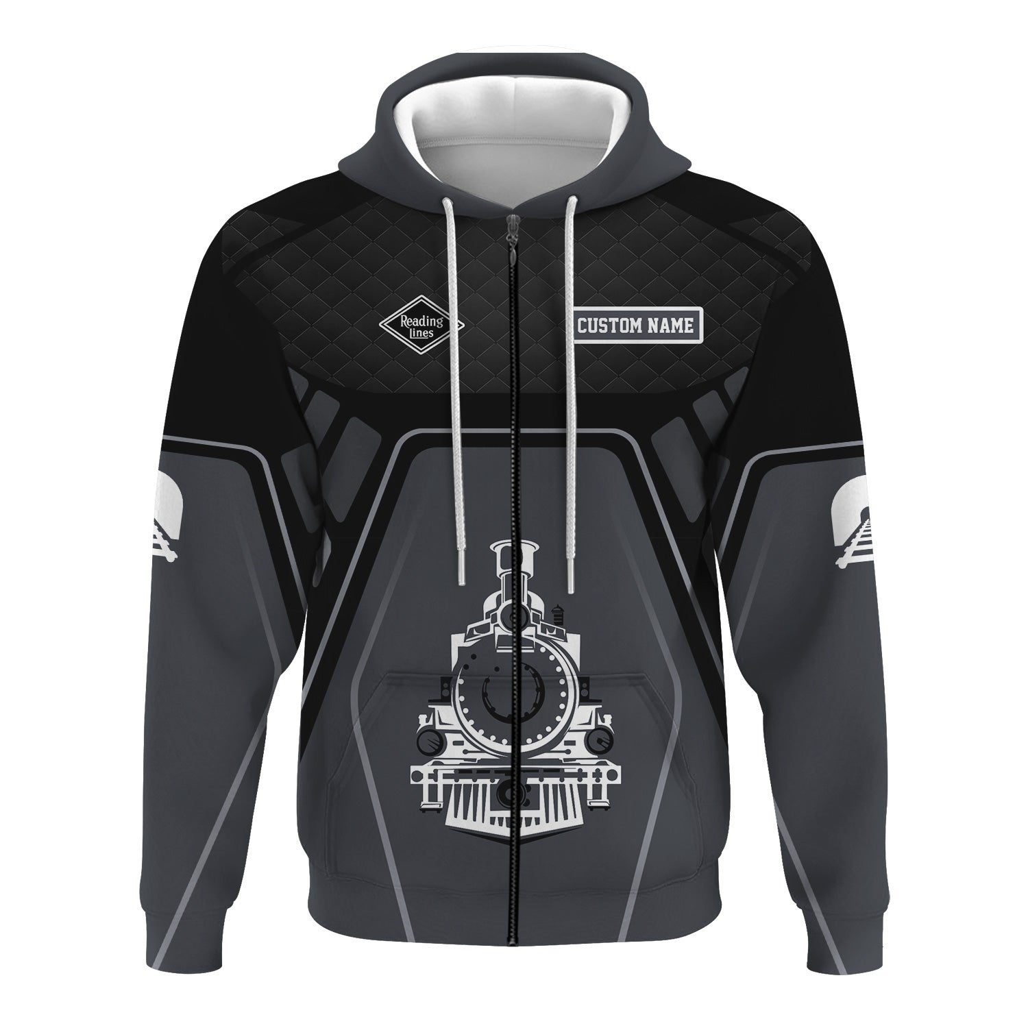 Railspirit Personalized Reading Railroad Hoodie Steam Locomotive Engine Graphic Train Zip Up Hoodie All Over Print