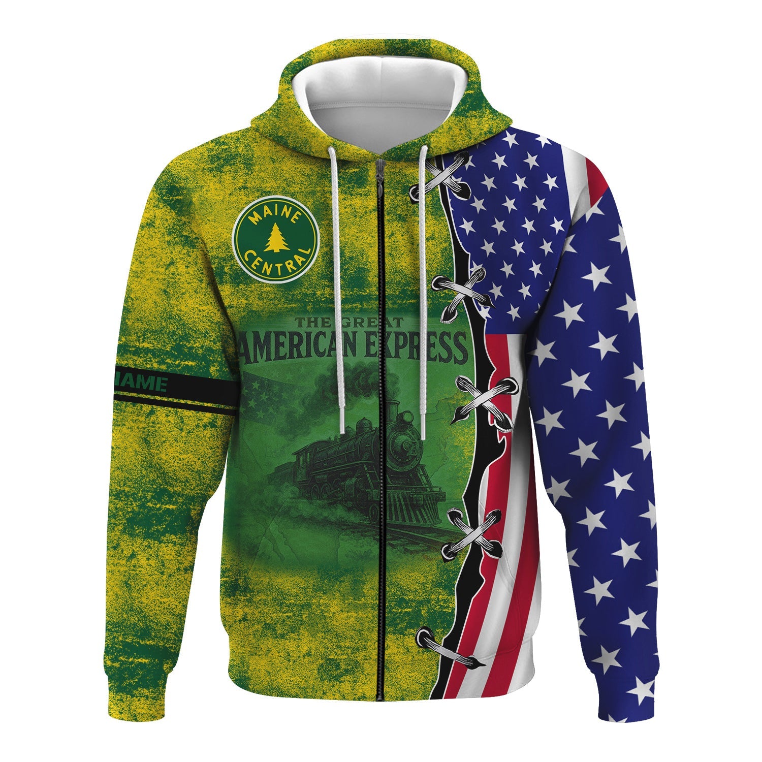 Railspirit Personalized Maine Central Railroad Hoodie Retro American Express Train With USA Flag Zip Up Hoodie