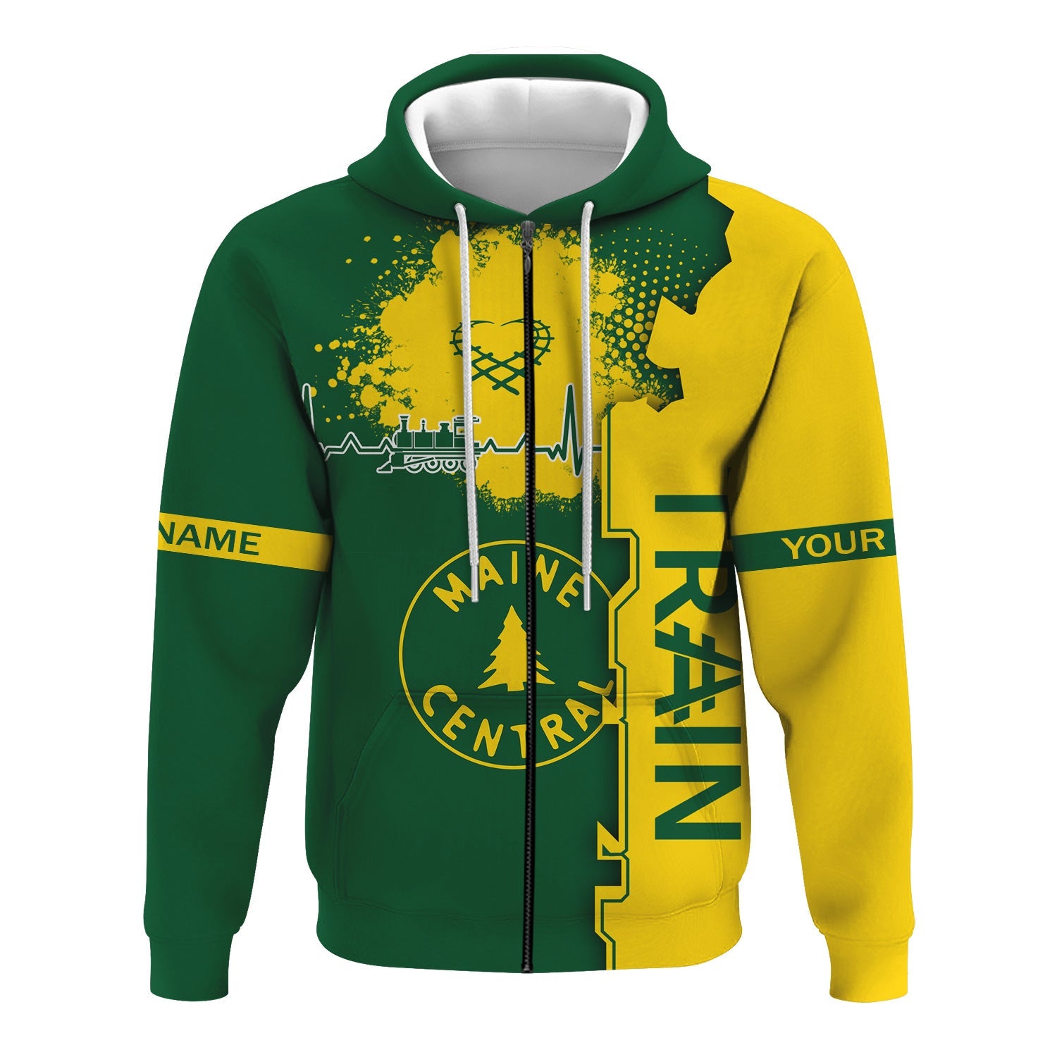 Railspirit Personalized Maine Central Railroad Hoodie Engine Heartbeat and Track Love Style Zip Up Hoodie Gift Idea For Train Lovers