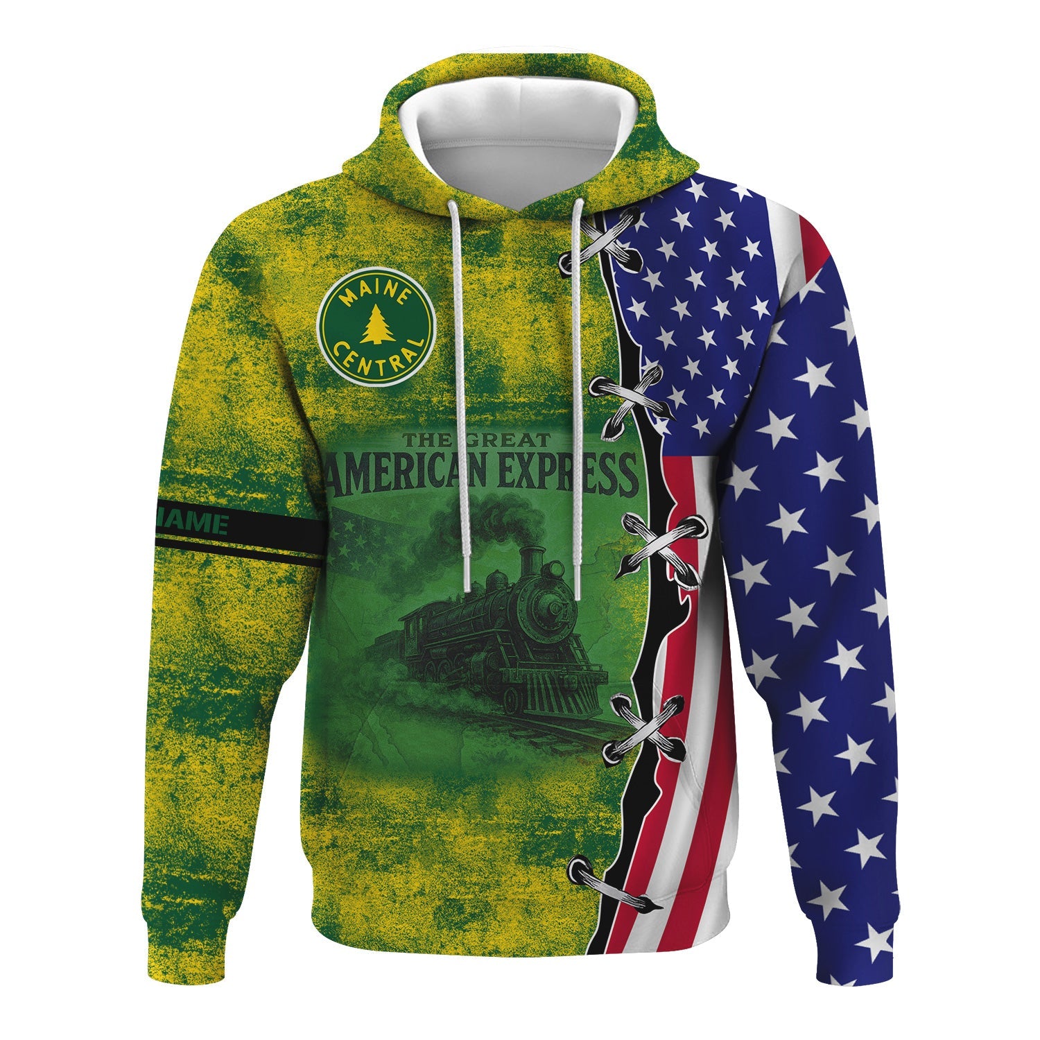 Railspirit Personalized Maine Central Railroad Hoodie Retro American Express Train With USA Flag Zip Up Hoodie