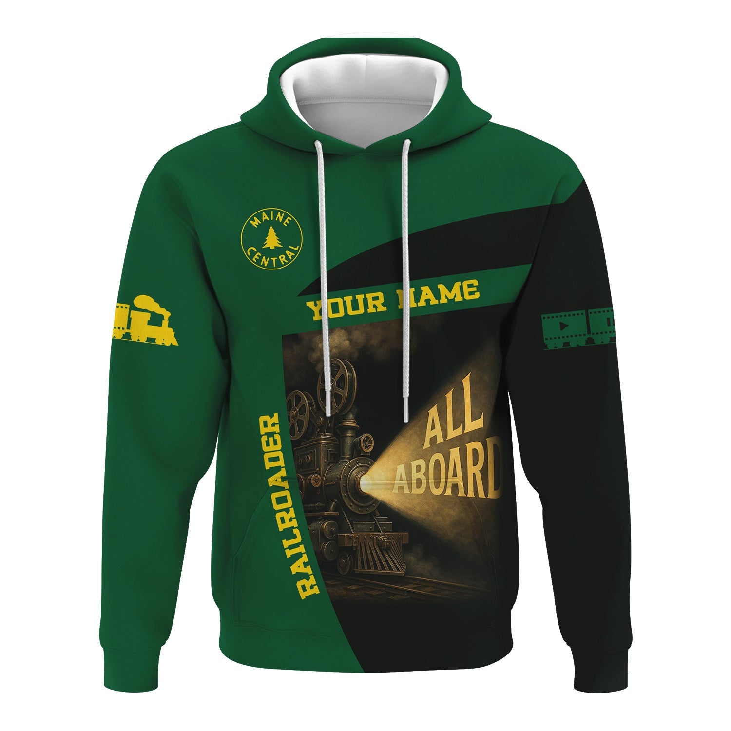 Railspirit Personalized Maine Central Railroad Hoodie All Aboard Steam Train Movie Projector Style Zip Up Hoodie