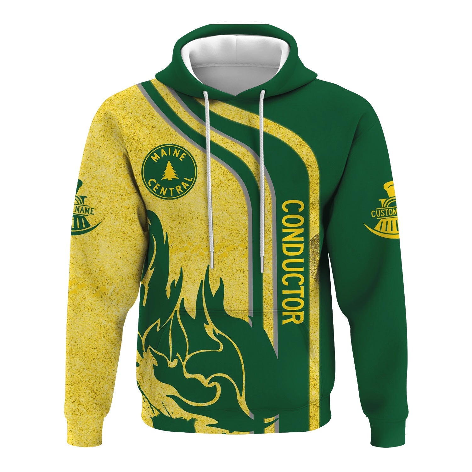 Railspirit Personalized Maine Central Railroad Hoodie Flame Design with Custom Job Position Train Zip Up Hoodie