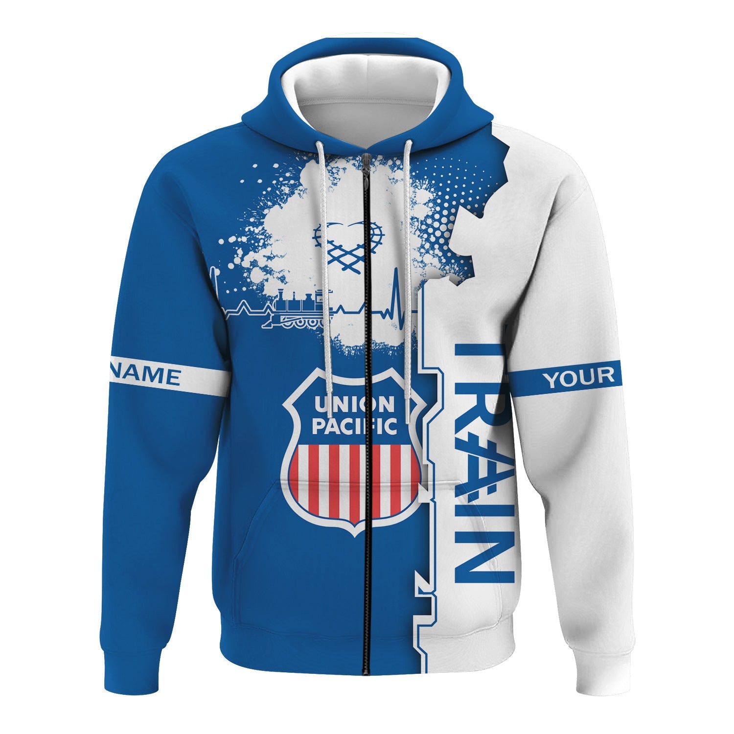 Railspirit Personalized Union Pacific Railroad Hoodie Engine Heartbeat and Track Love Style Big Boy Zip Up Hoodie Gift Idea For Train Lovers