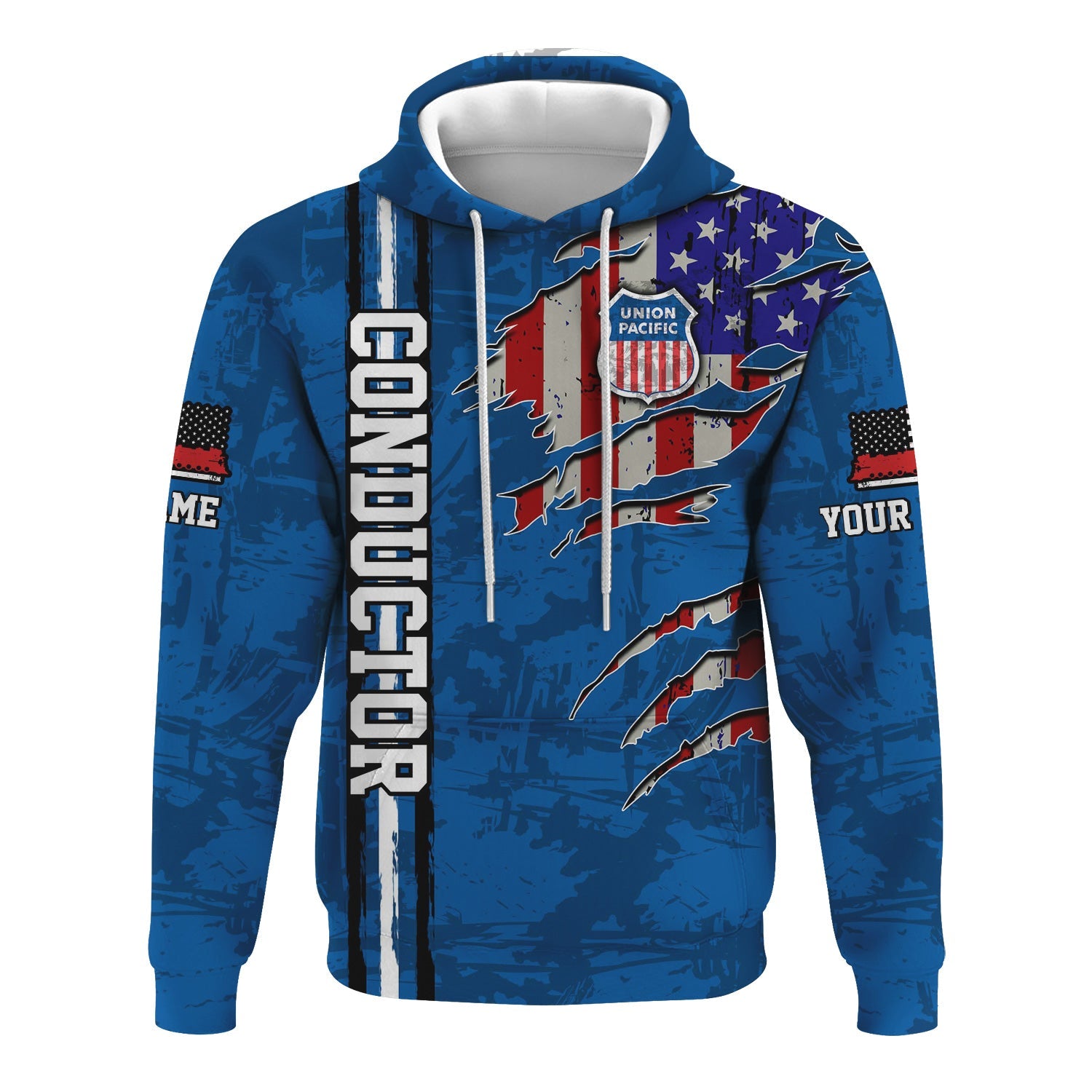 Railspirit Personalized Union Pacific Railroad Hoodie USA Flag Claw Art with Custom Job Big Boy Train Zip Up Hoodie