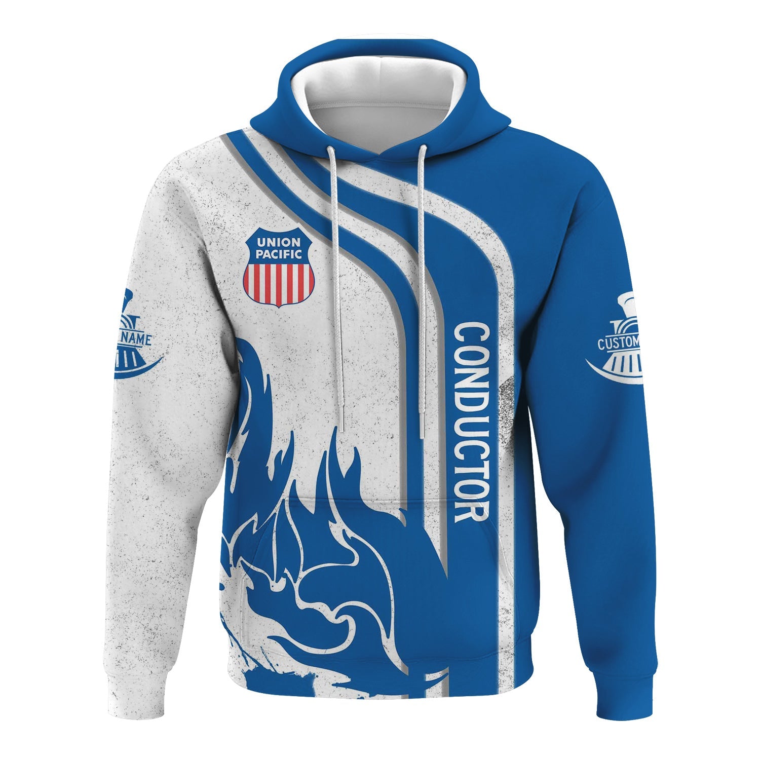 Railspirit Personalized Union Pacific Railroad Hoodie Flame Design with Custom Job Position Big Boy Train Zip Up Hoodie
