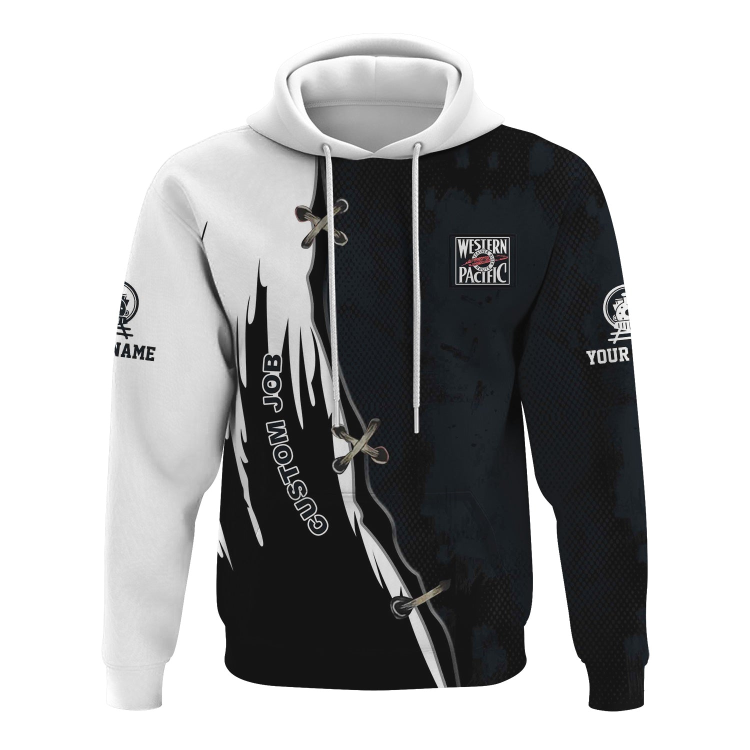 Railspirit Personalized Western Pacific Railroad Hoodie Retro Stitches Design with Custom Position Train Zip Up Hoodie