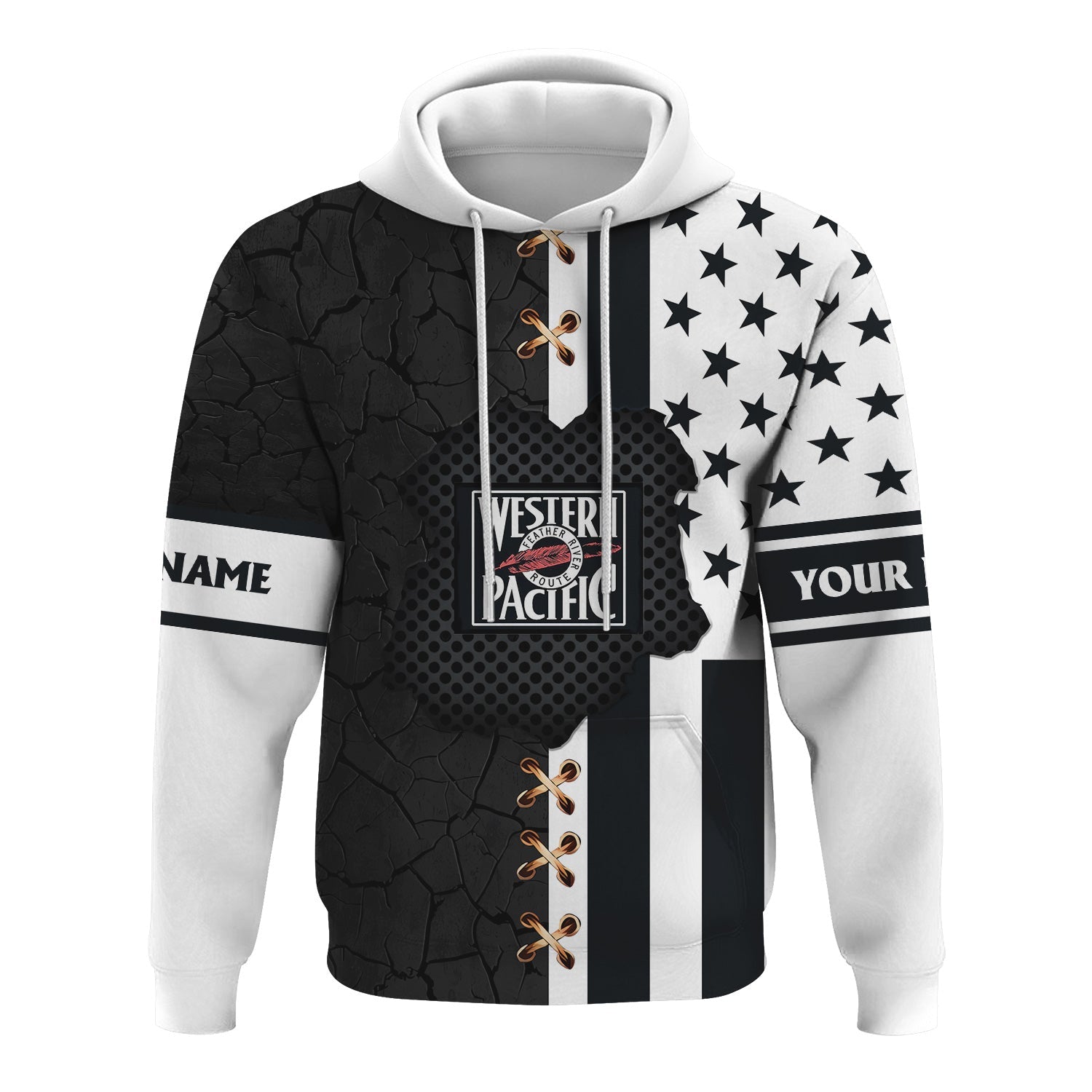 Railspirit Personalized Western Pacific Railroad Hoodie American Flag with Crack Effect Train Zip Up Hoodie