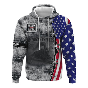 Railspirit Personalized Western Pacific Railroad Hoodie Retro American Express Train With USA Flag Zip Up Hoodie