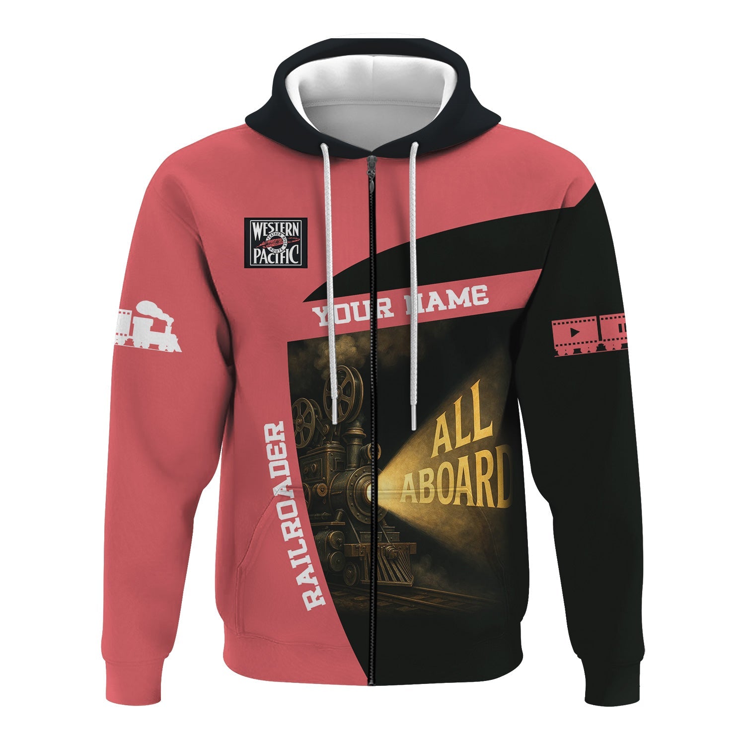 Railspirit Personalized Western Pacific Railroad Hoodie All Aboard Steam Train Movie Projector Style Zip Up Hoodie