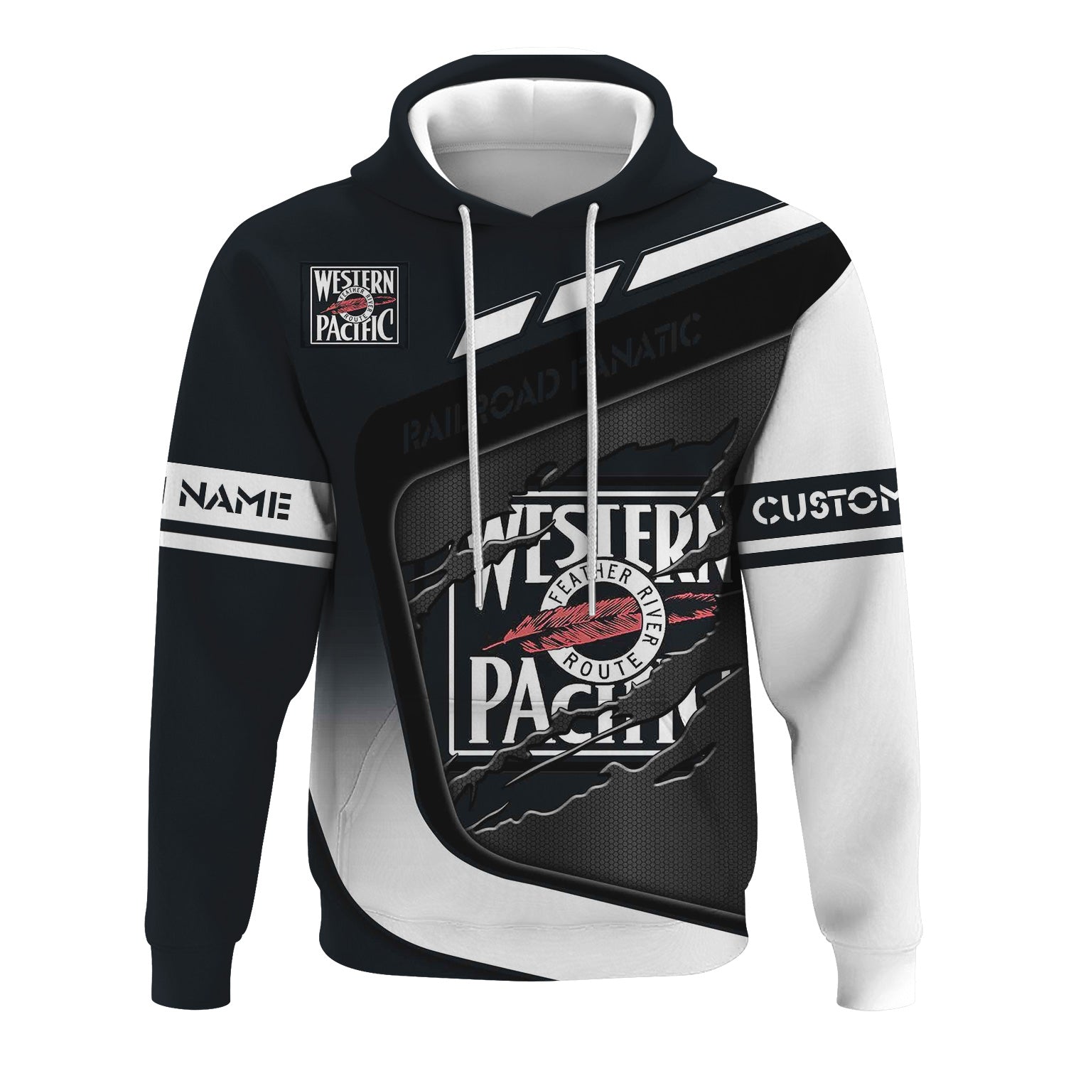 Railspirit Personalized Western Pacific Railroad Hoodie Ripped Texture Style Train Zip Up Hoodie For Railroad Fanatic