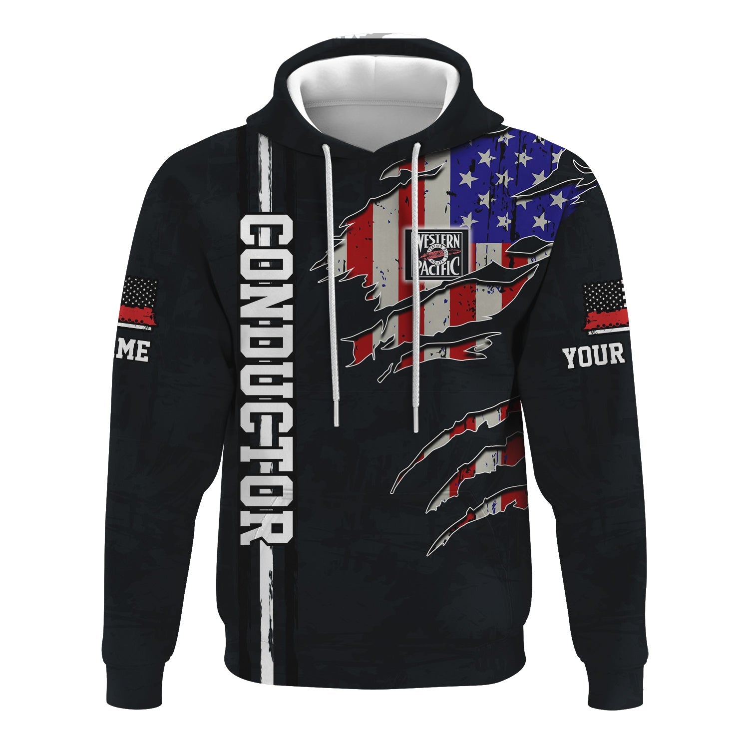Railspirit Personalized Western Pacific Railroad Hoodie USA Flag Claw Art with Custom Job Train Zip Up Hoodie