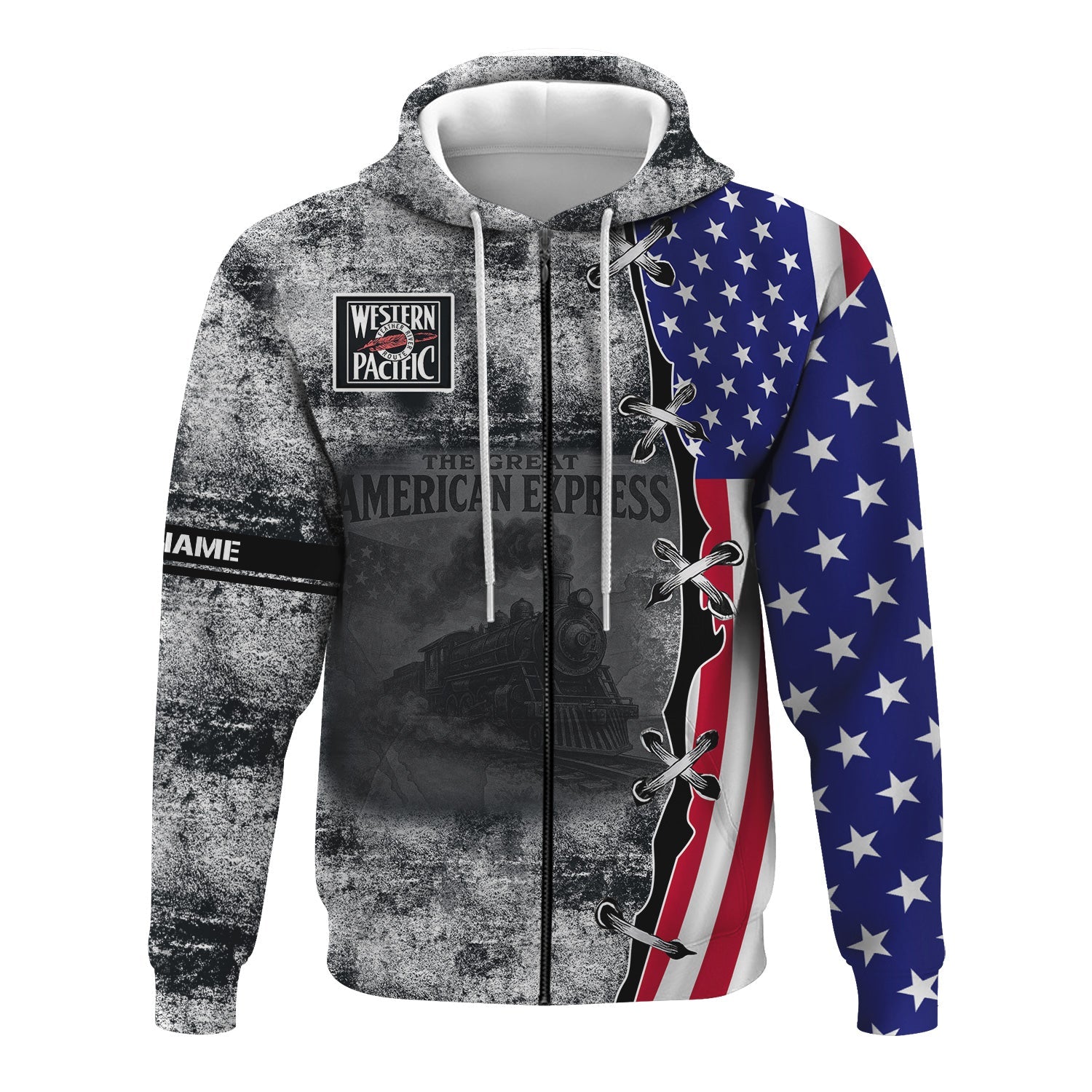 Railspirit Personalized Western Pacific Railroad Hoodie Retro American Express Train With USA Flag Zip Up Hoodie