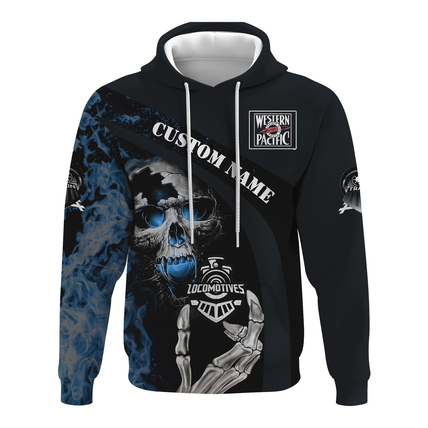 Railspirit Personalized Western Pacific Railroad Hoodie Flame Skull Design Train Zip Up Hoodie for Locomotive Fans