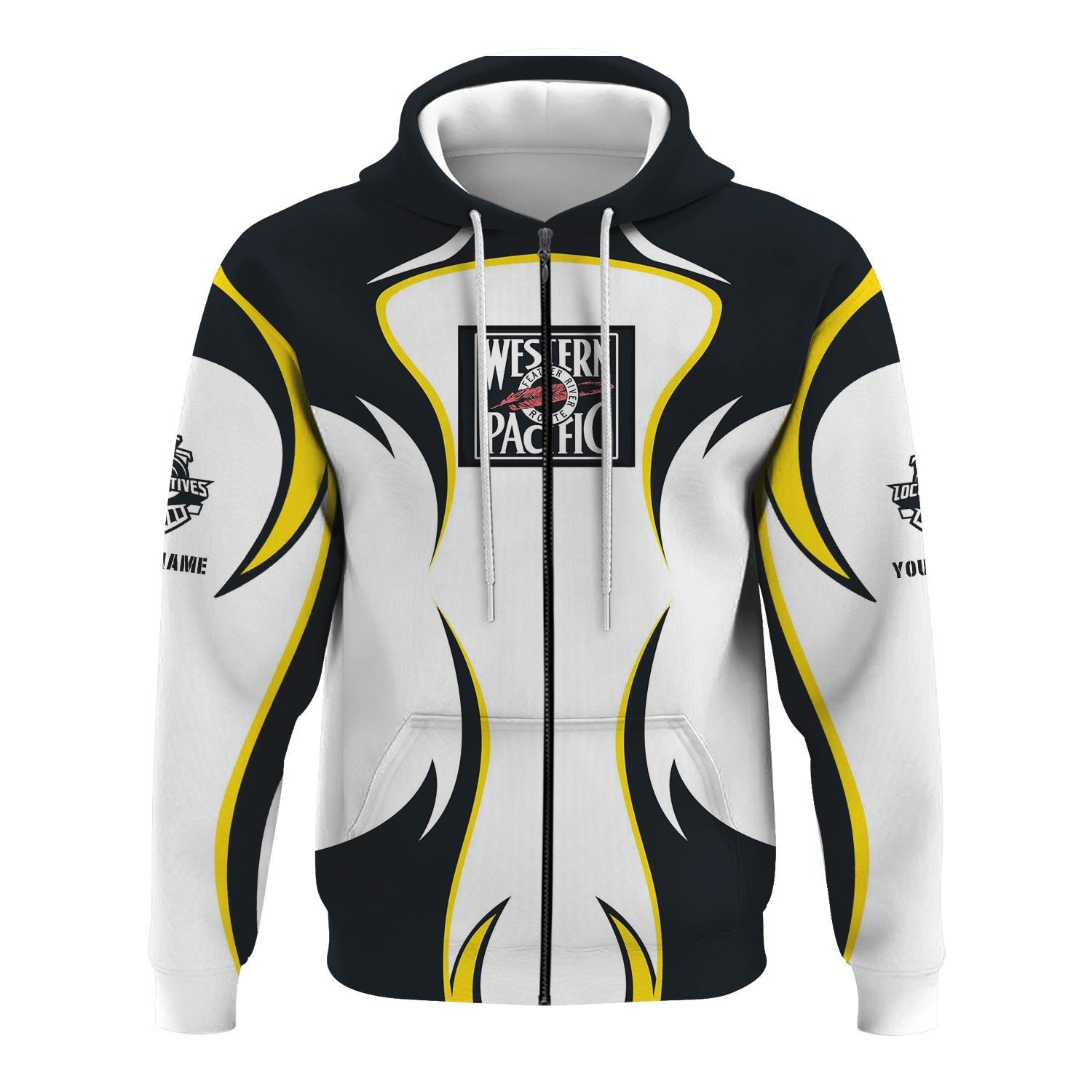 Railspirit Personalized Western Pacific Railroad Hoodie Distinctive Flame Style Zip Up Hoodie For Steam Engine Addict