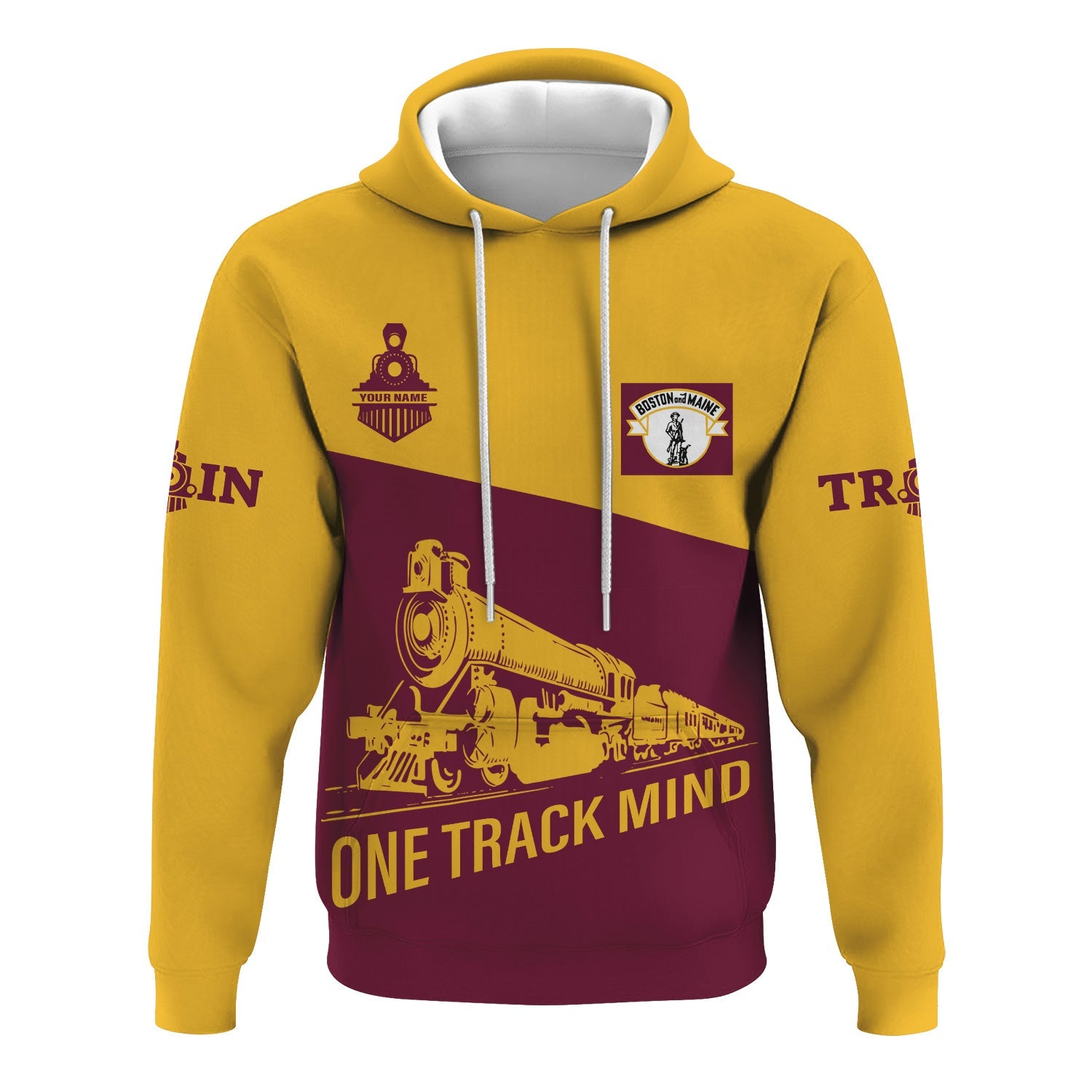Railspirit Custom Name Boston and Maine Railroad Hoodie One Track Mind Printed Zip Hoodie