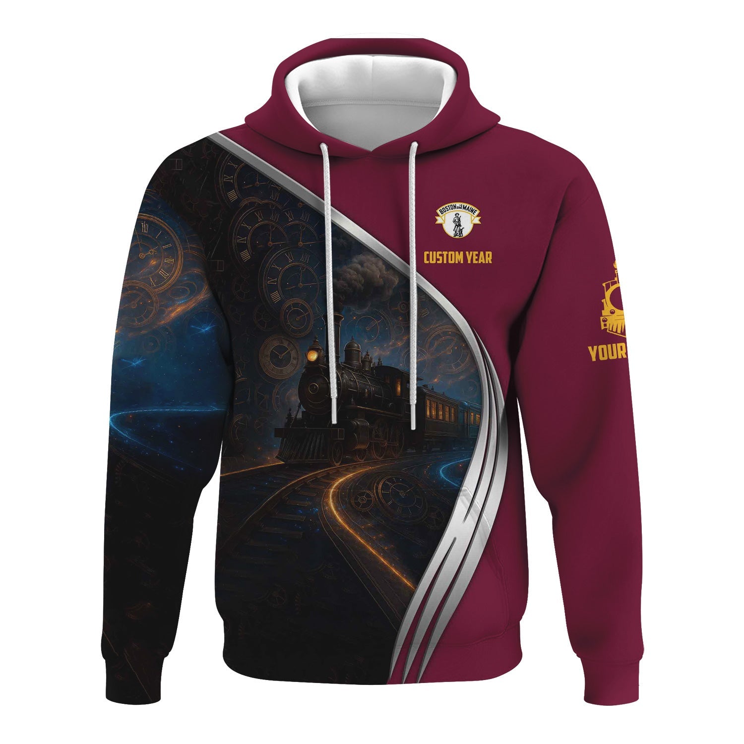 Railspirit Personalized Boston and Maine Railroad Hoodie Steampunk Locomotive with Custom Year Train Zip Up Hoodie