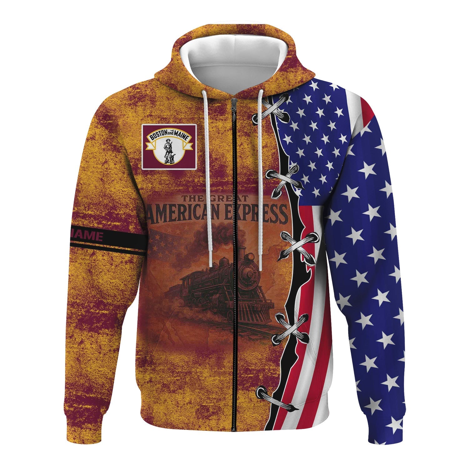 Railspirit Personalized Boston and Maine Railroad Hoodie Retro American Express Train With USA Flag Zip Up Hoodie
