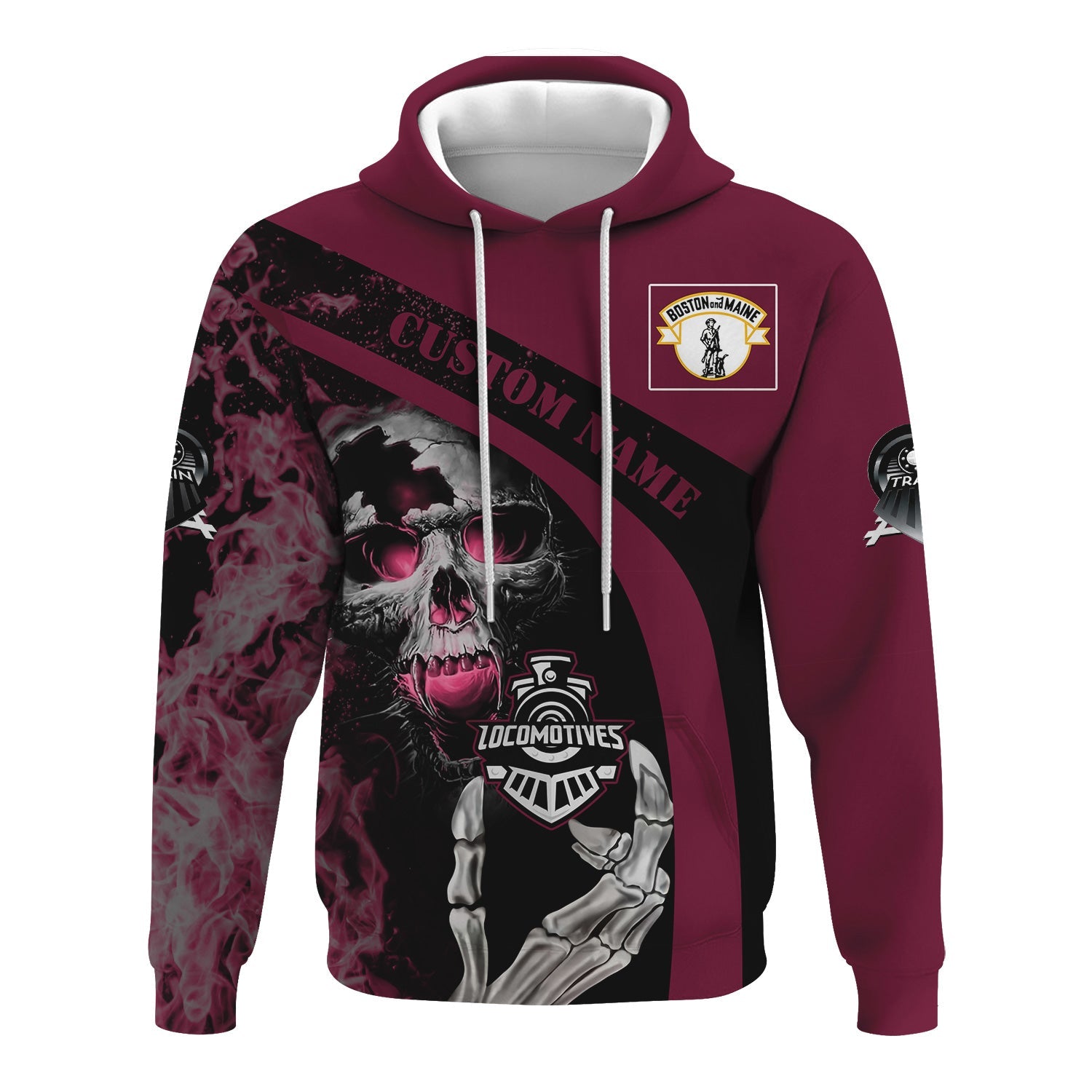 Railspirit Personalized Boston and Maine Railroad Hoodie Flame Skull Design Train Zip Up Hoodie for Locomotive Fans