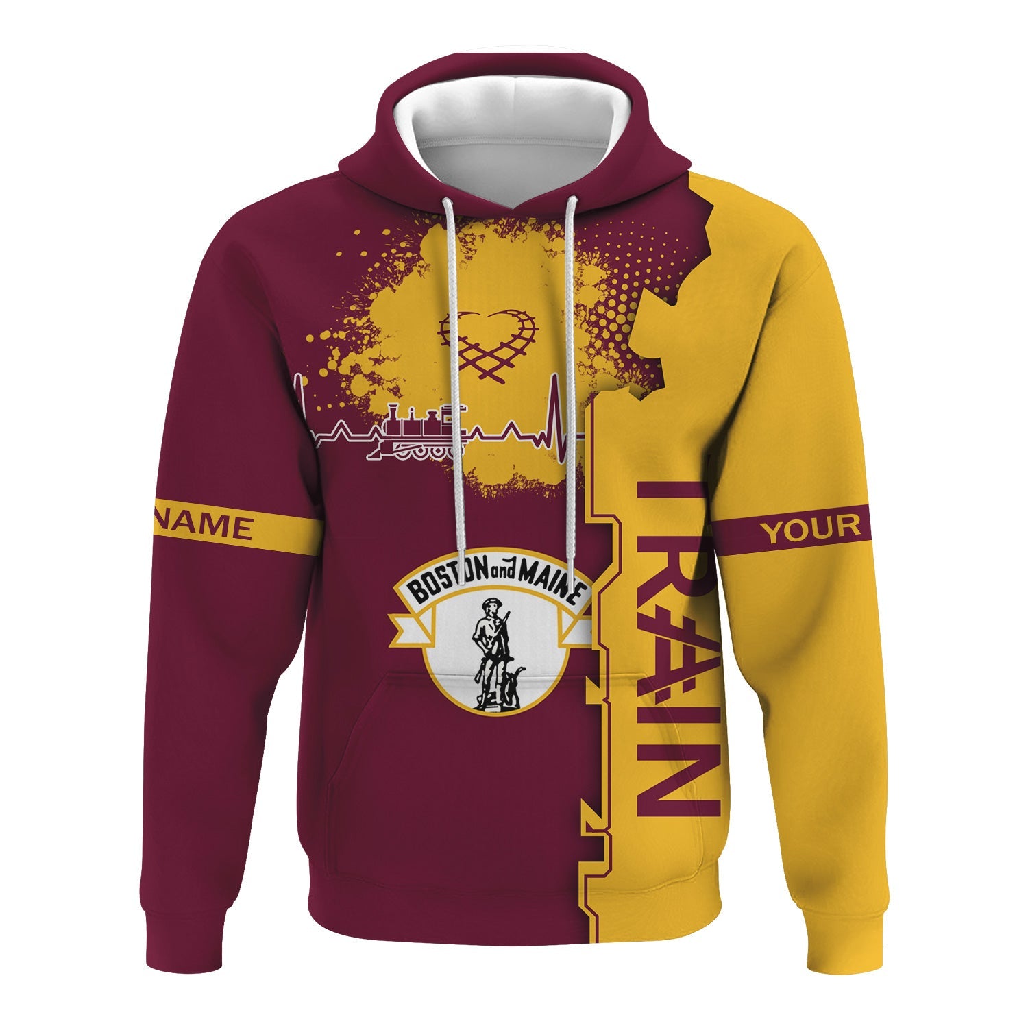 Railspirit Personalized Boston and Maine Railroad Hoodie Engine Heartbeat and Track Love Style Zip Up Hoodie Gift Idea For Train Lovers
