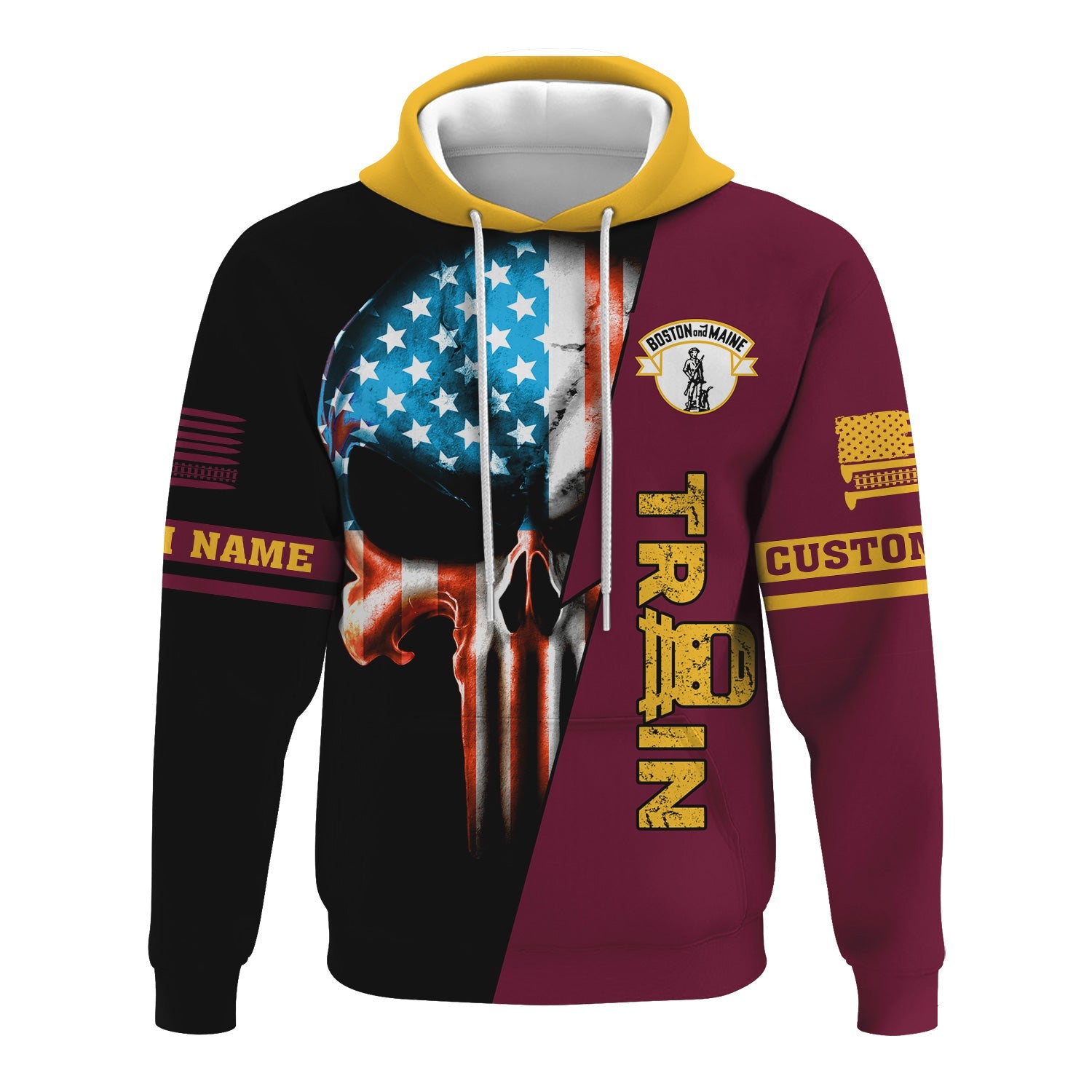 Railspirit Personalized Boston and Maine Railroad Hoodie Train Skull American Flag Zip Up Hoodie All Over Print