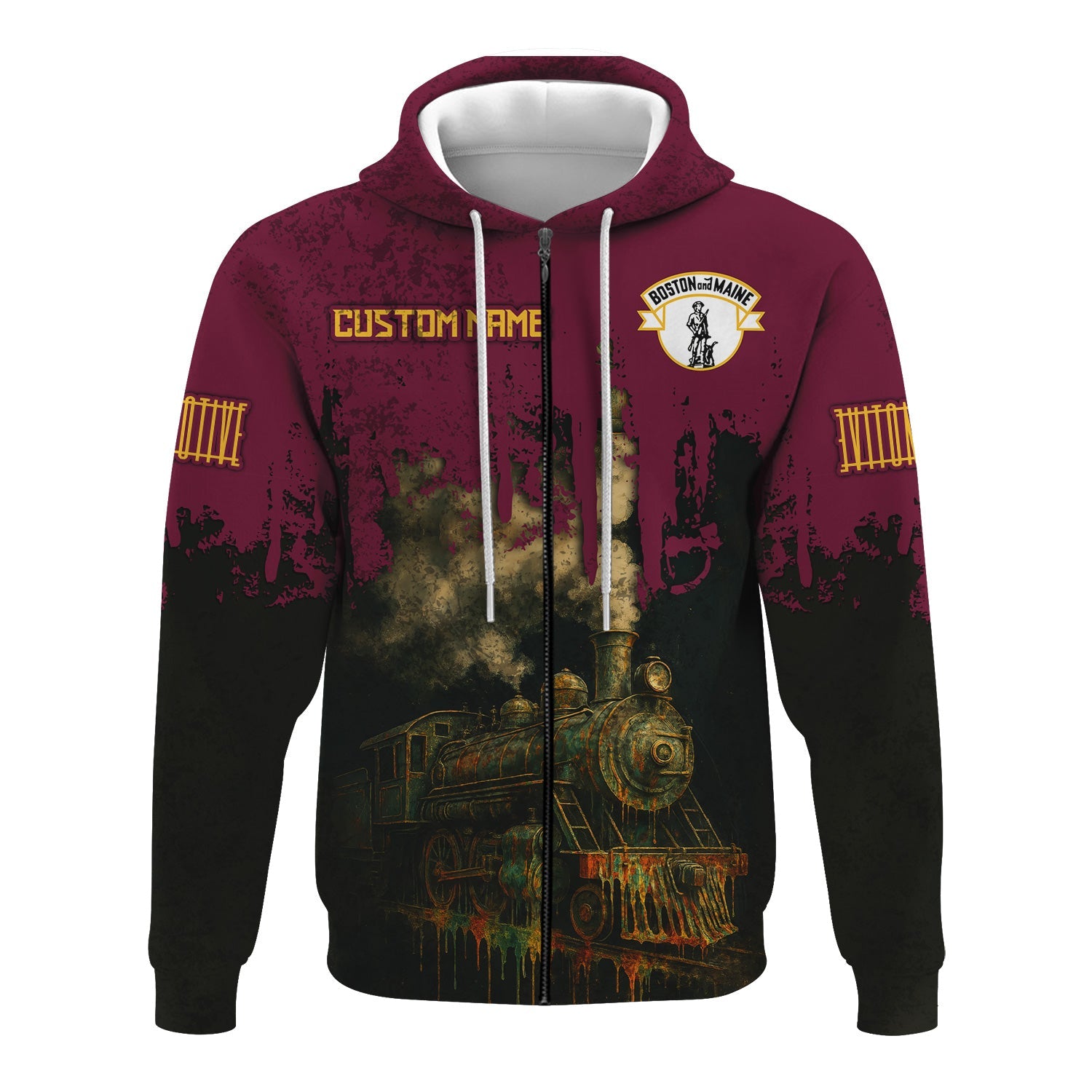 Railspirit Personalized Boston and Maine Railroad Hoodie Vintage Train Art Style Zip Up Hoodie For Locomotive Fans