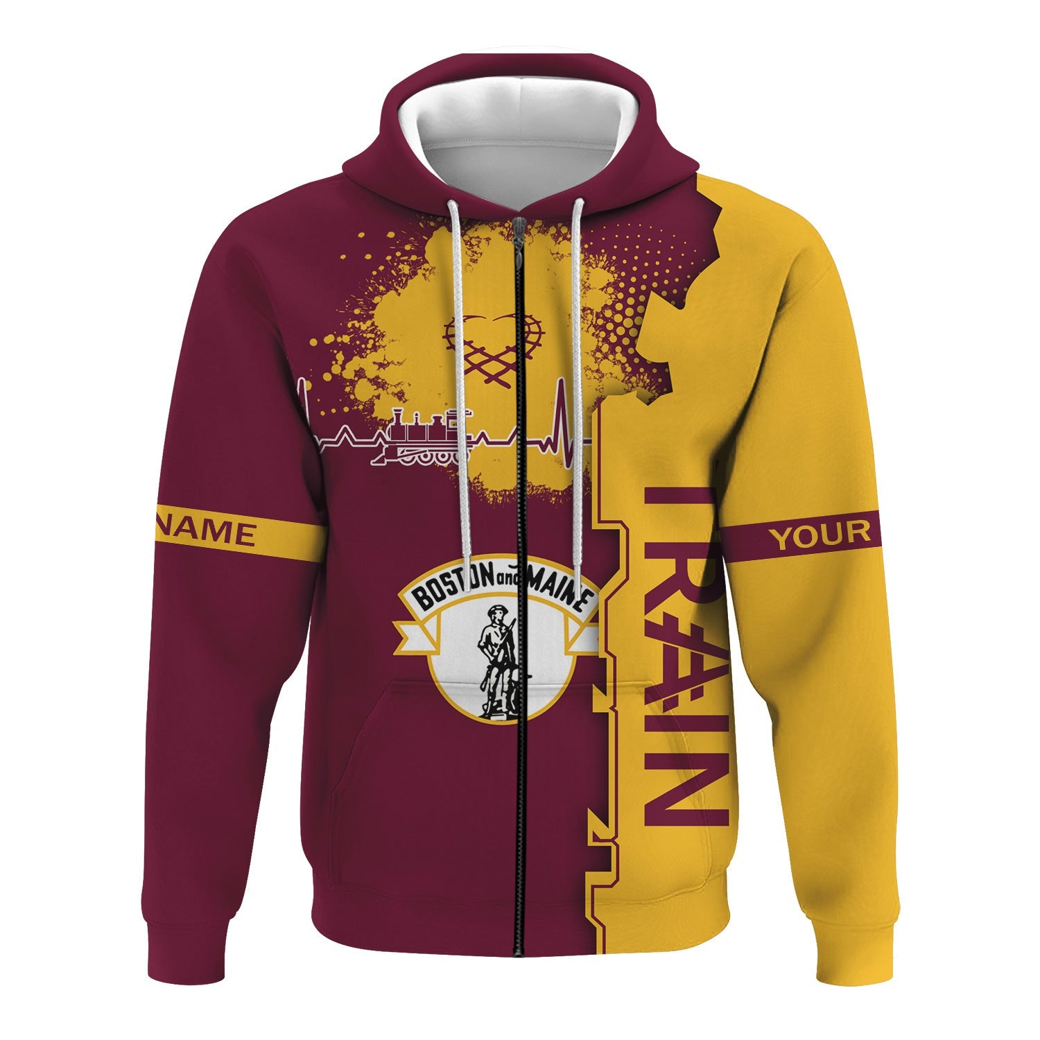 Railspirit Personalized Boston and Maine Railroad Hoodie Engine Heartbeat and Track Love Style Zip Up Hoodie Gift Idea For Train Lovers