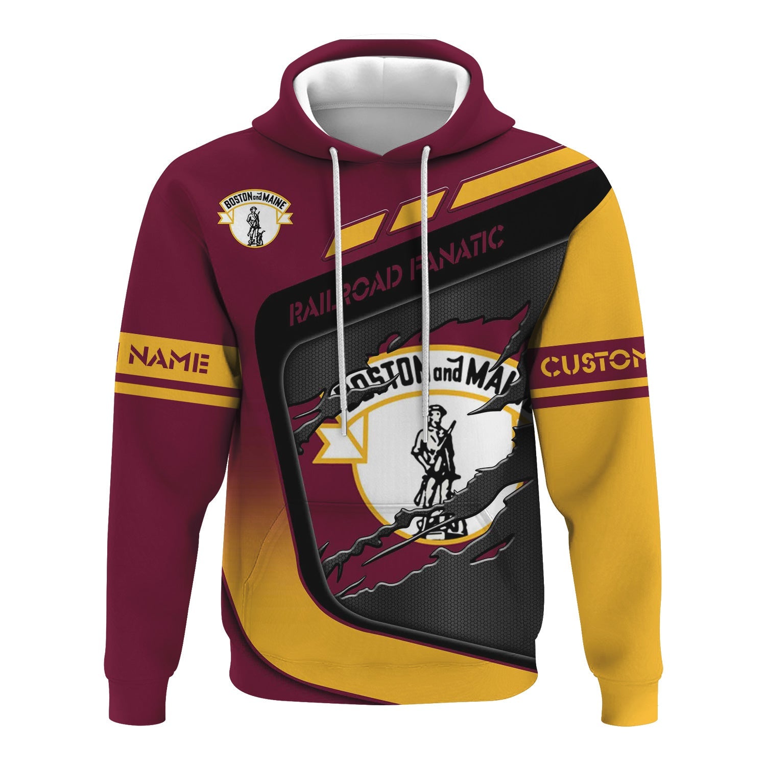 Railspirit Personalized Boston and Maine Railroad Hoodie Ripped Texture Style Train Zip Up Hoodie For Railroad Fanatic