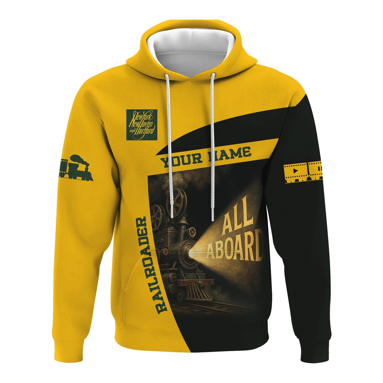 Railspirit Personalized New York, New Haven and Hartford Railroad Hoodie All Aboard Steam Train Movie Projector Style New Haven Railroad Zip Up Hoodie