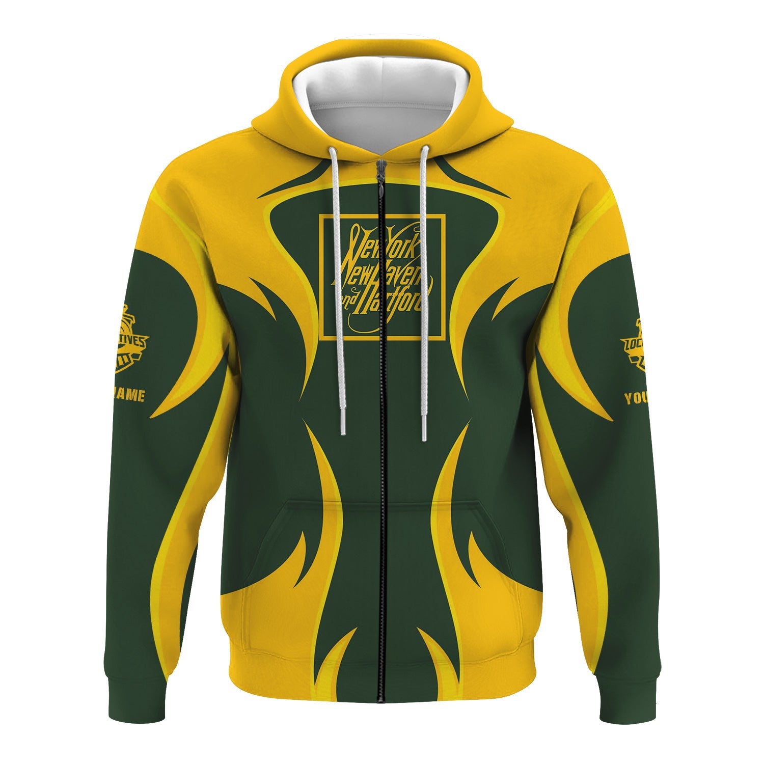 Railspirit Personalized New York, New Haven and Hartford Railroad Hoodie Distinctive Flame Style Zip Up Hoodie For Steam Engine Addict