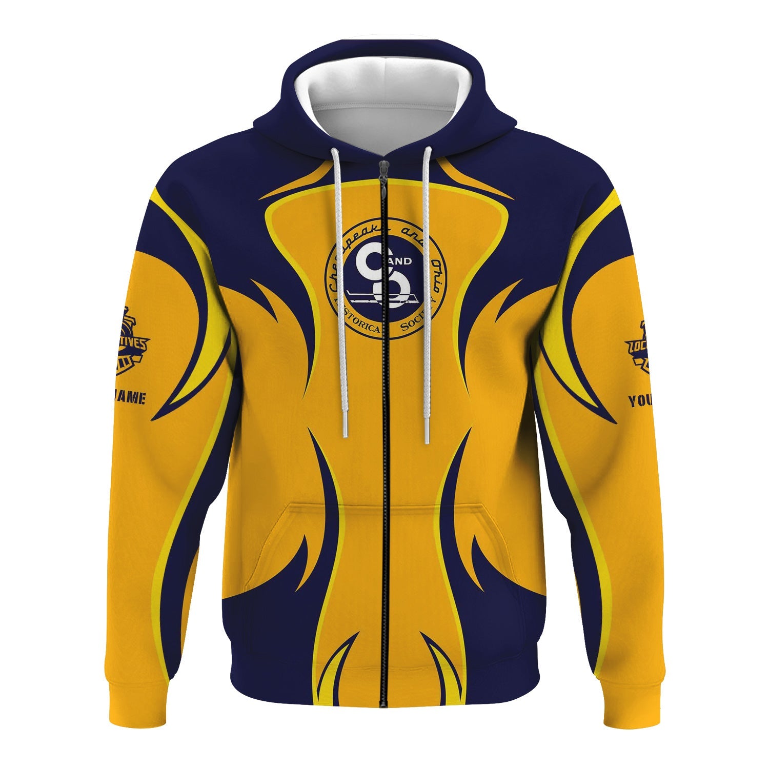 Railspirit Personalized Chesapeake and Ohio Railway Hoodie Distinctive Flame Style C&O Zip Up Hoodie For Steam Engine Addict
