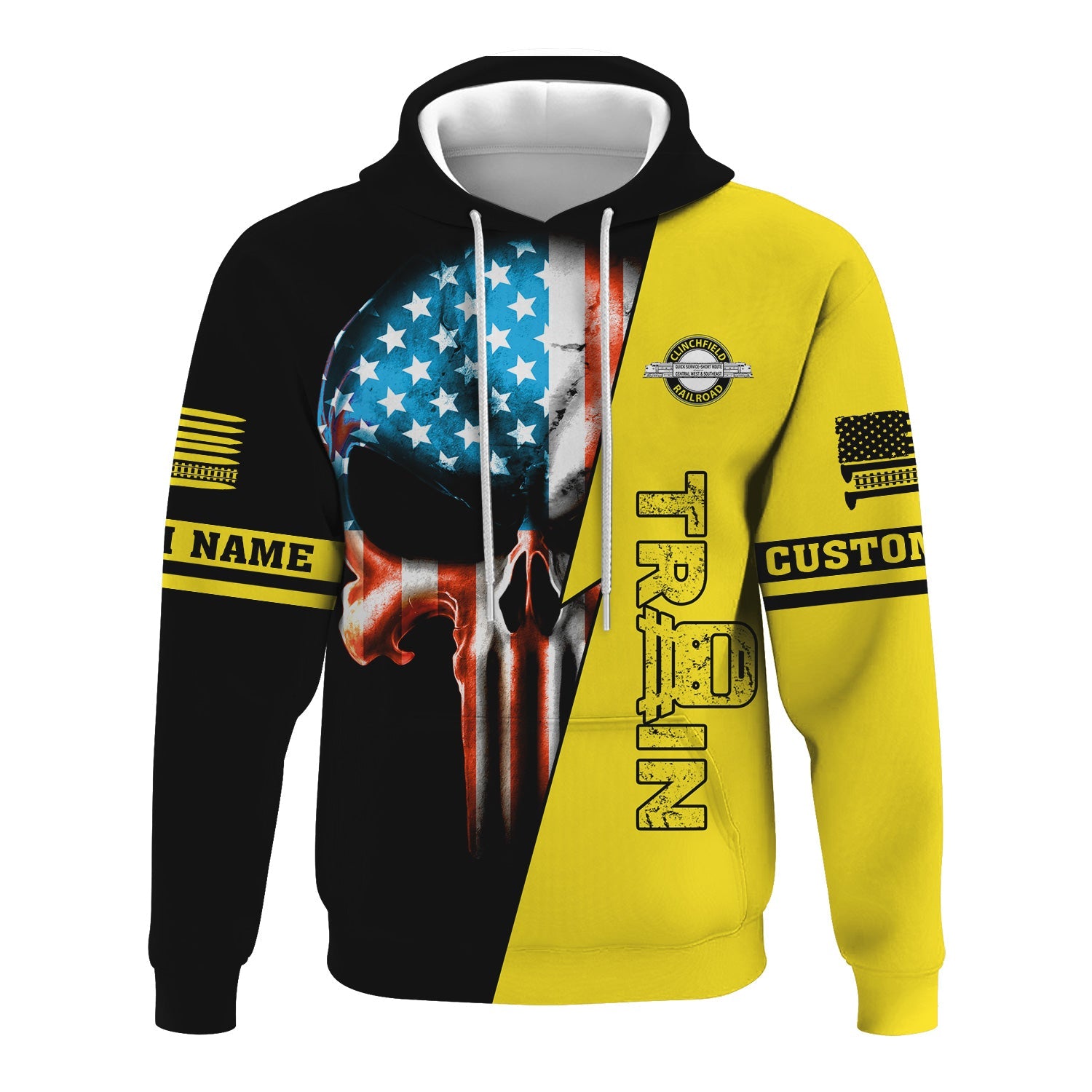 Railspirit Personalized Clinchfield Railroad Hoodie Train Skull American Flag Zip Up Hoodie All Over Print