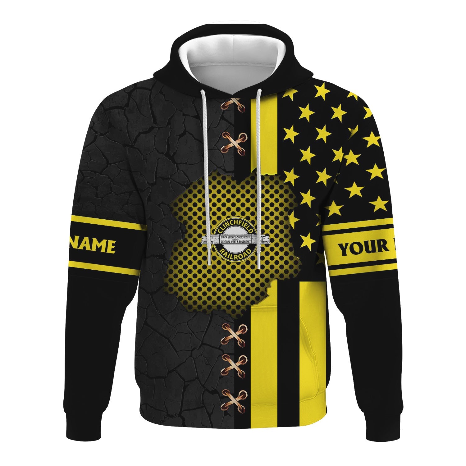 Railspirit Personalized Clinchfield Railroad Hoodie American Flag with Crack Effect Train Zip Up Hoodie