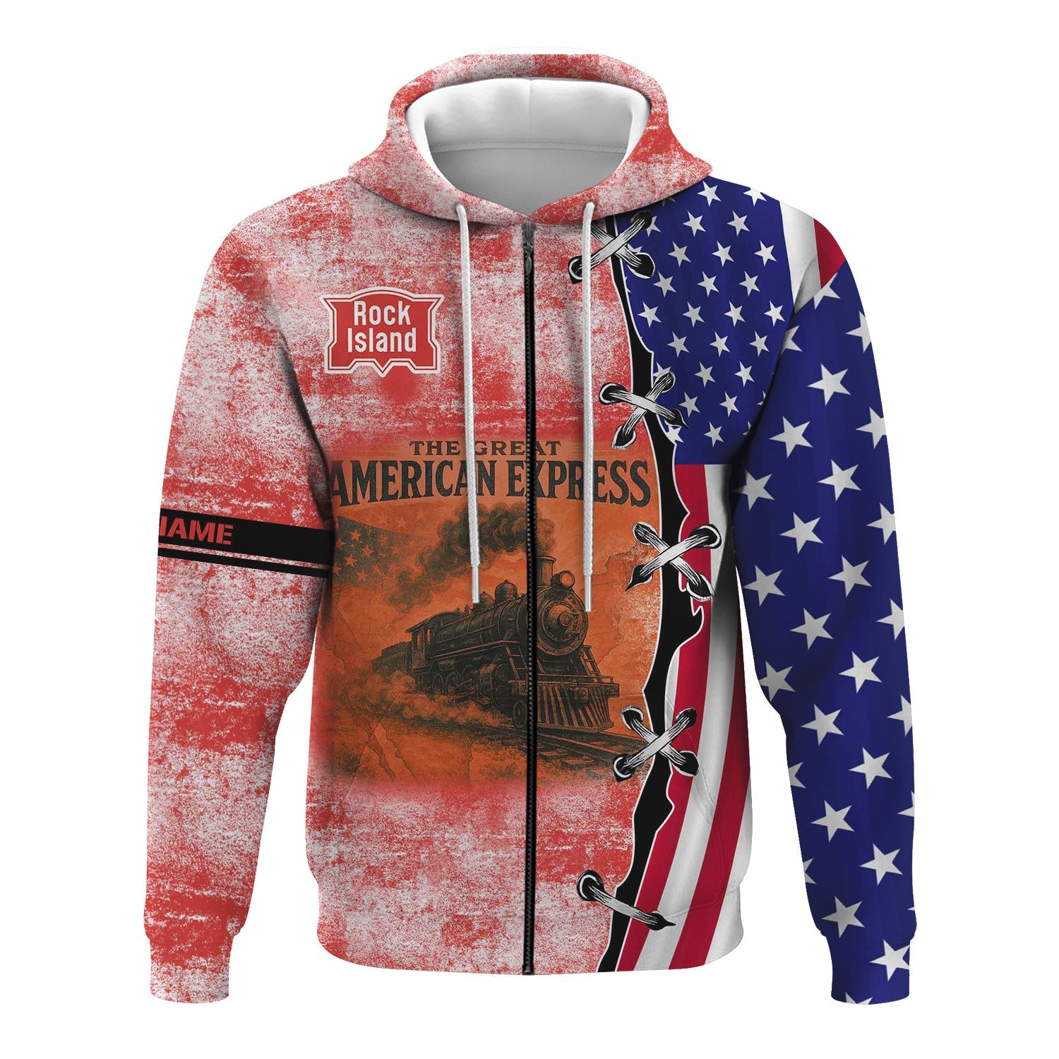 Railspirit Personalized Chicago, Rock Island and Pacific Railroad Hoodie Retro American Express Train USA Flag Rock Island Railroad Zip Up Hoodie
