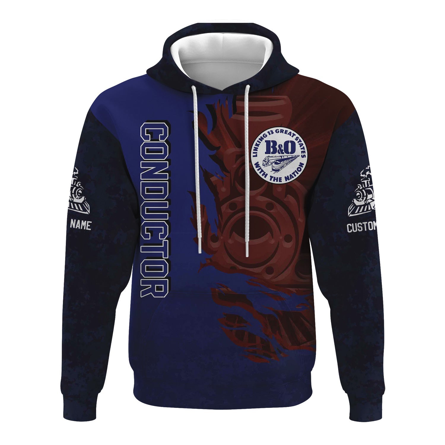 Railspirit Personalized B&O Great States Railroad Hoodie Blazing Style with Custom Position Train Zip Up Hoodie